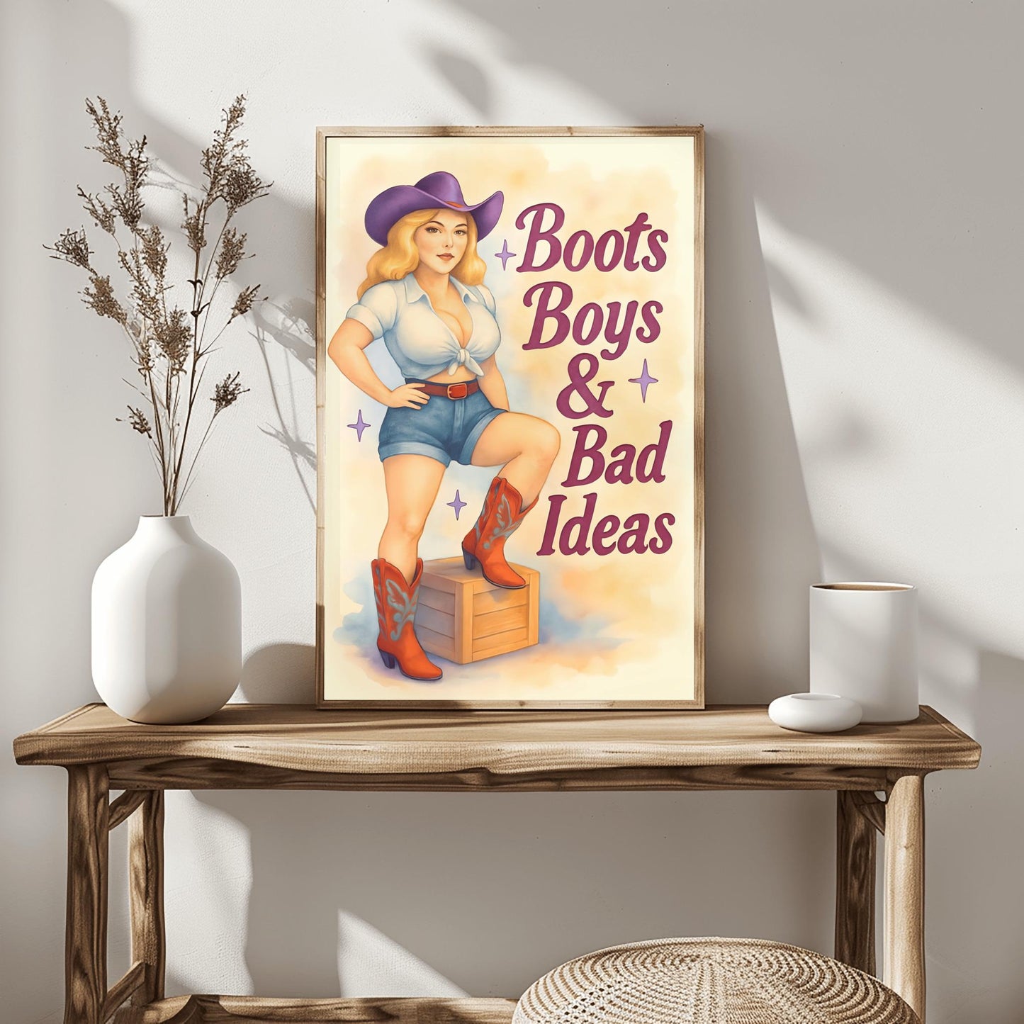 Western Wall Art Pin Up Girl with Cowboy Boots, Retro Decor for Home, Man Cave, Dorm, Farmhouse, Unique Gift