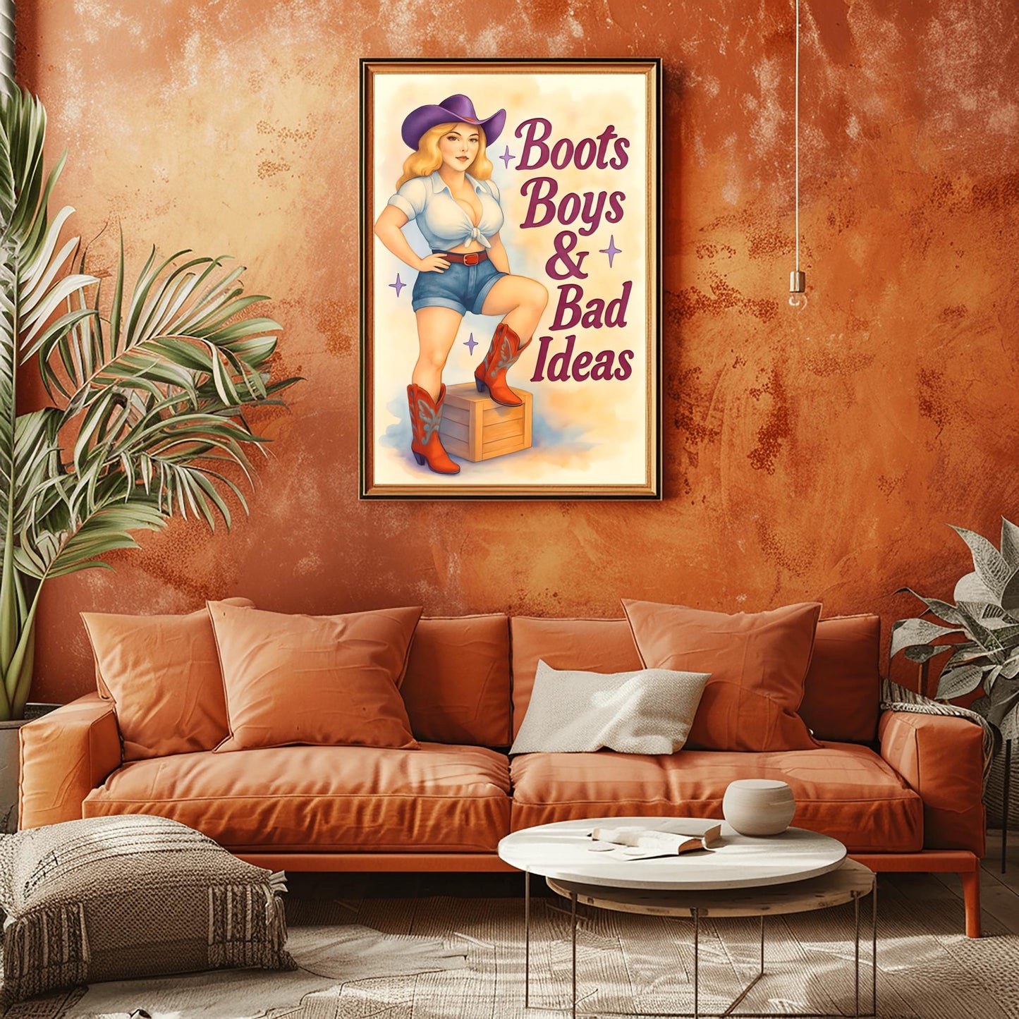 Western Wall Art Pin Up Girl with Cowboy Boots, Retro Decor for Home, Man Cave, Dorm, Farmhouse, Unique Gift