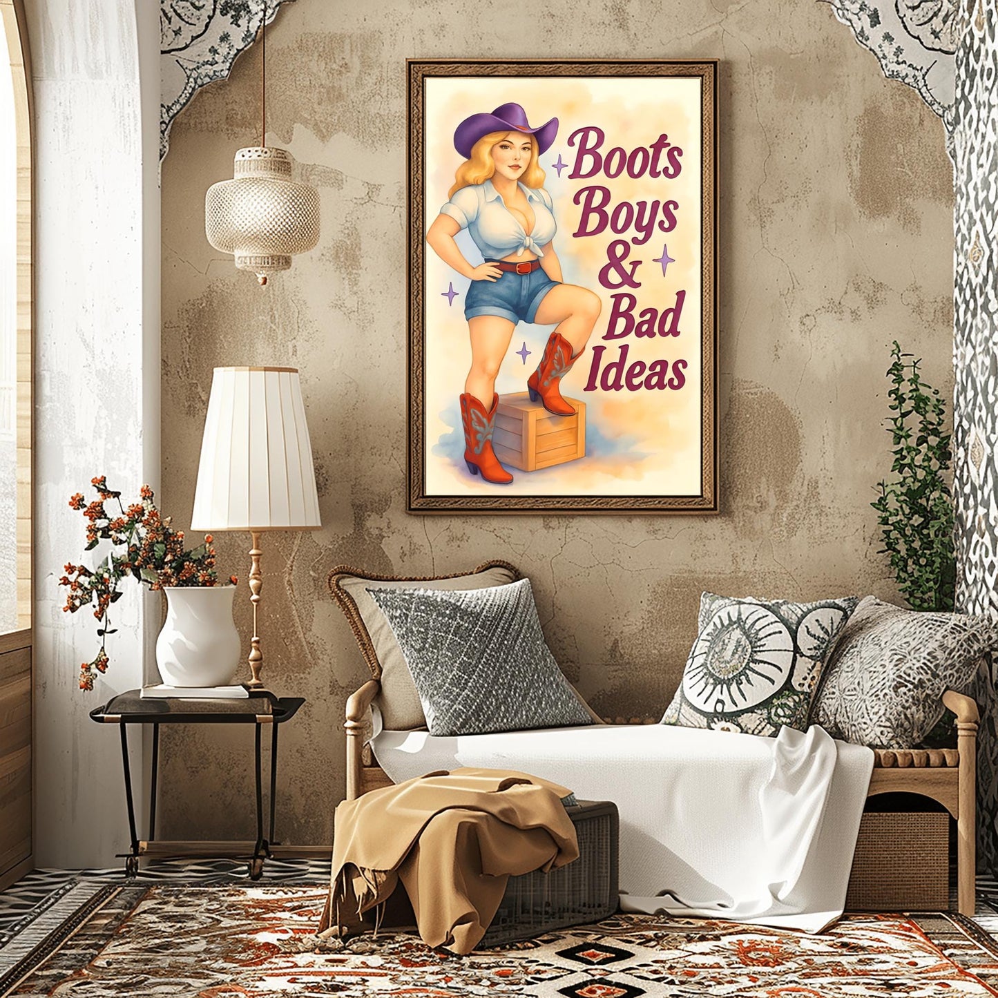 Western Wall Art Pin Up Girl with Cowboy Boots, Retro Decor for Home, Man Cave, Dorm, Farmhouse, Unique Gift