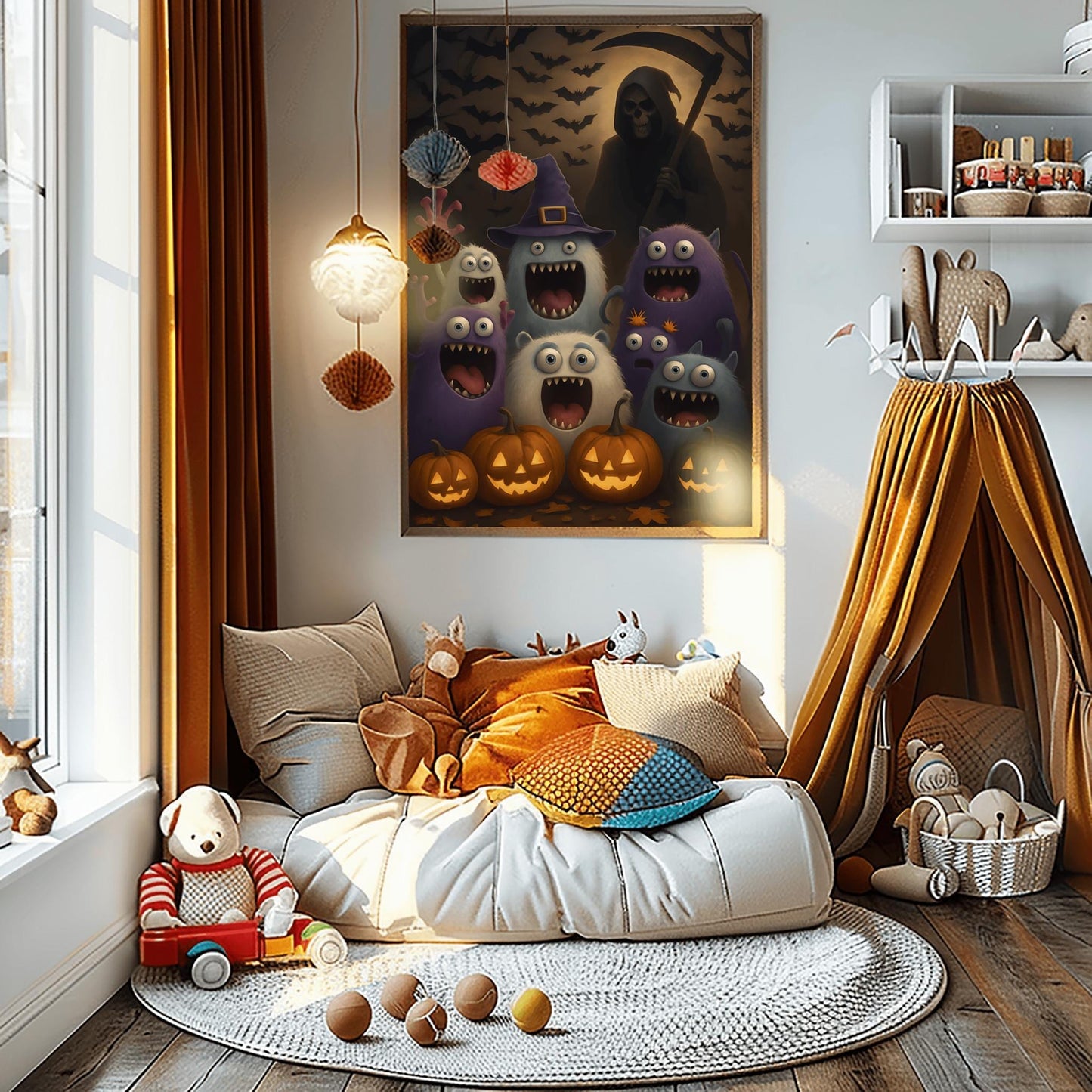 Halloween Decor Monster Wall Art Print – Spooky Cute Cartoon Art for Kids Room, Fun Pumpkin October Gift, Haunted House Decor
