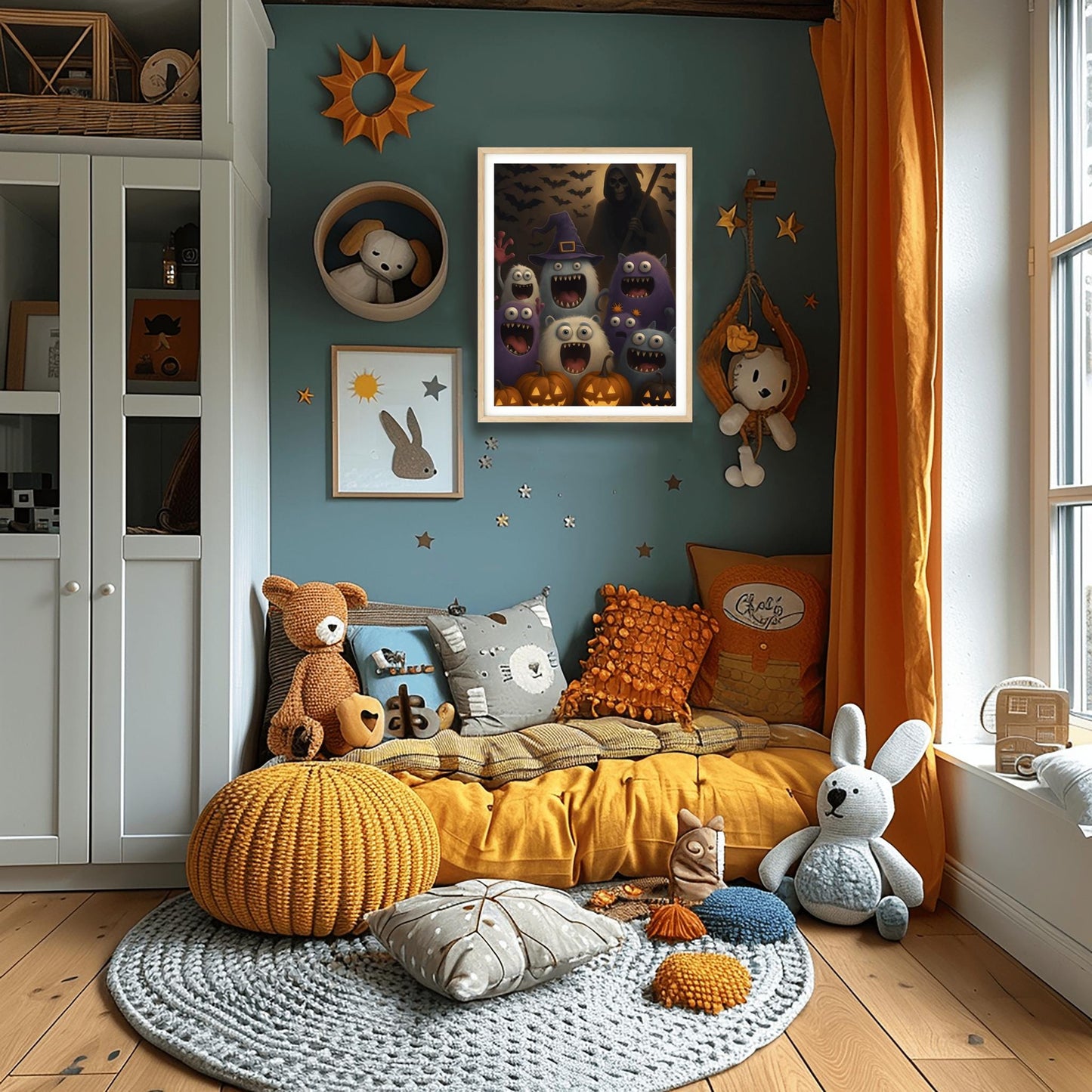 Halloween Decor Monster Wall Art Print – Spooky Cute Cartoon Art for Kids Room, Fun Pumpkin October Gift, Haunted House Decor