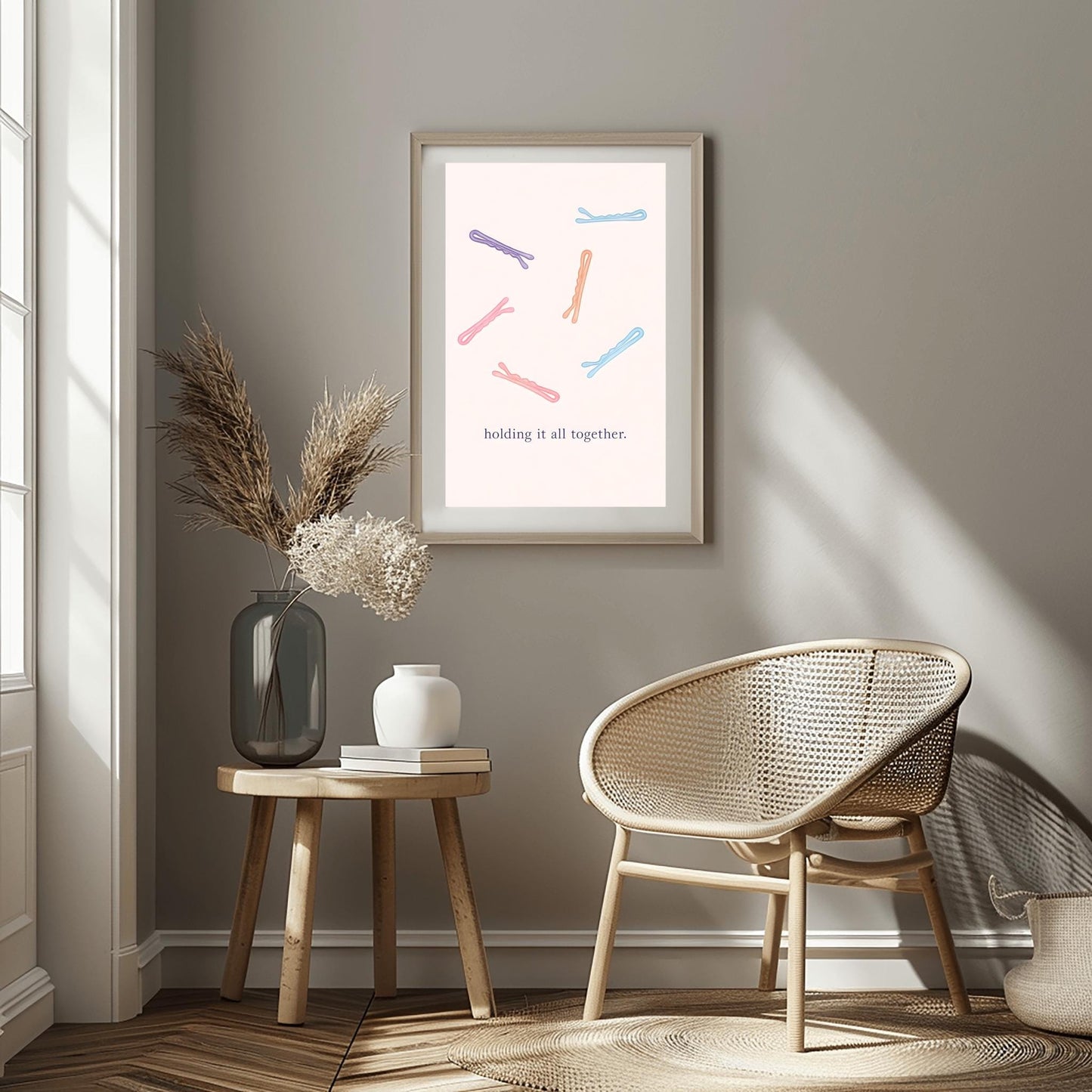 Holding it all together. Bobby Pin Print, Minimalist Hairpin Art, Funny Quote Poster, Bathroom Decor, Vanity Wall Art