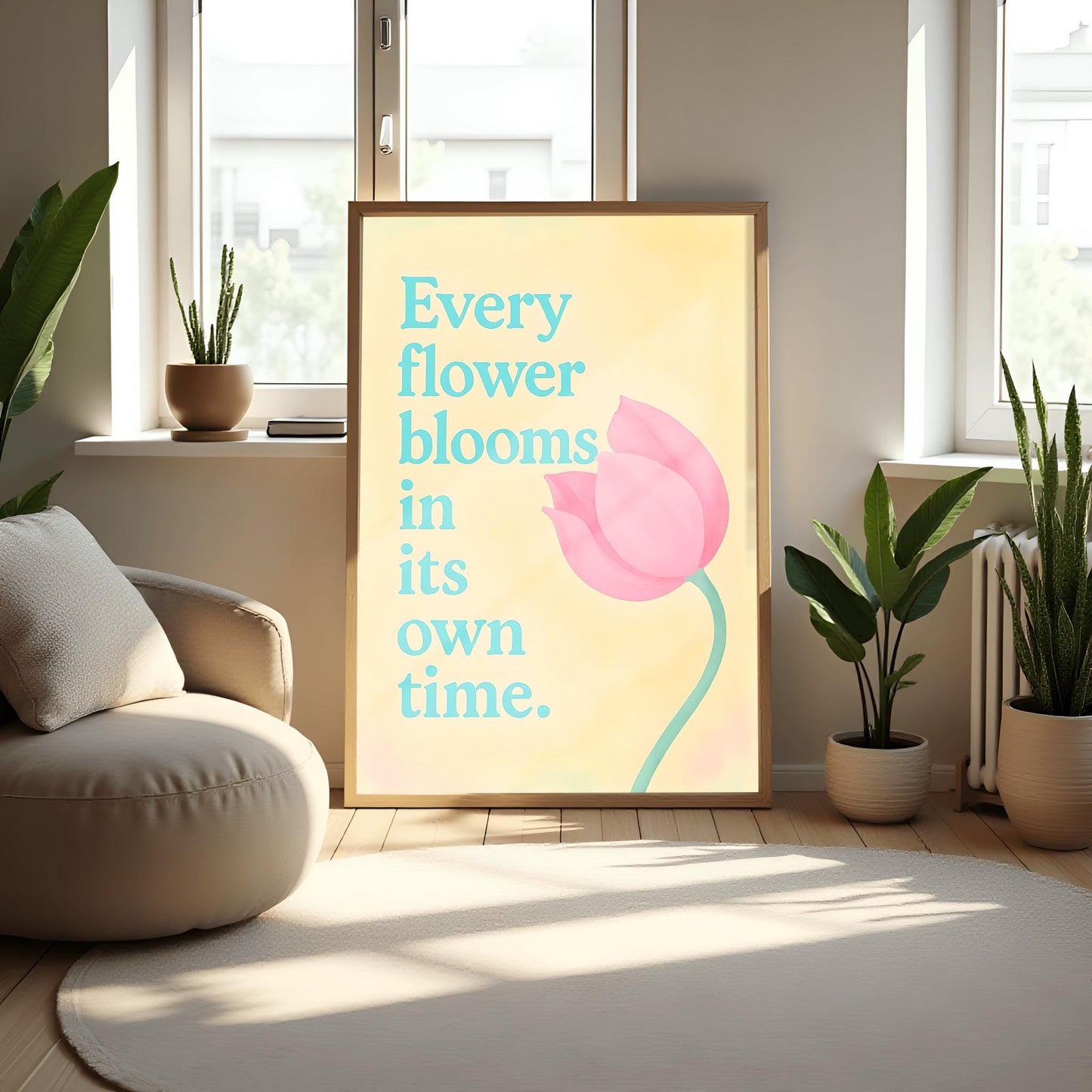 Every Flower Blooms... Motivational Poster, Inspirational Quote Art, Tulip Print, Self Care Decor, Bedroom Wall Art