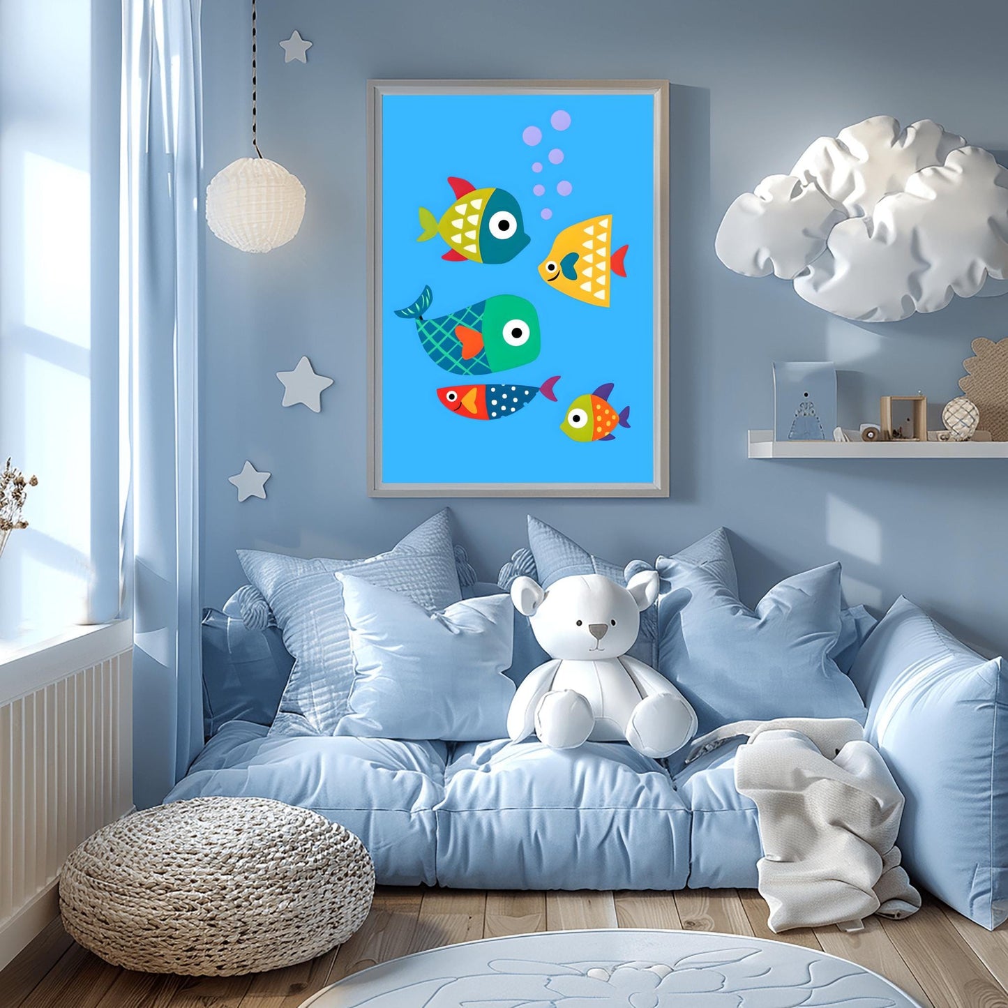 Kids Room Fish Poster, Nursery Wall Art, Playful Cartoon Fish Print, Underwater Theme Decor, Baby Room Art