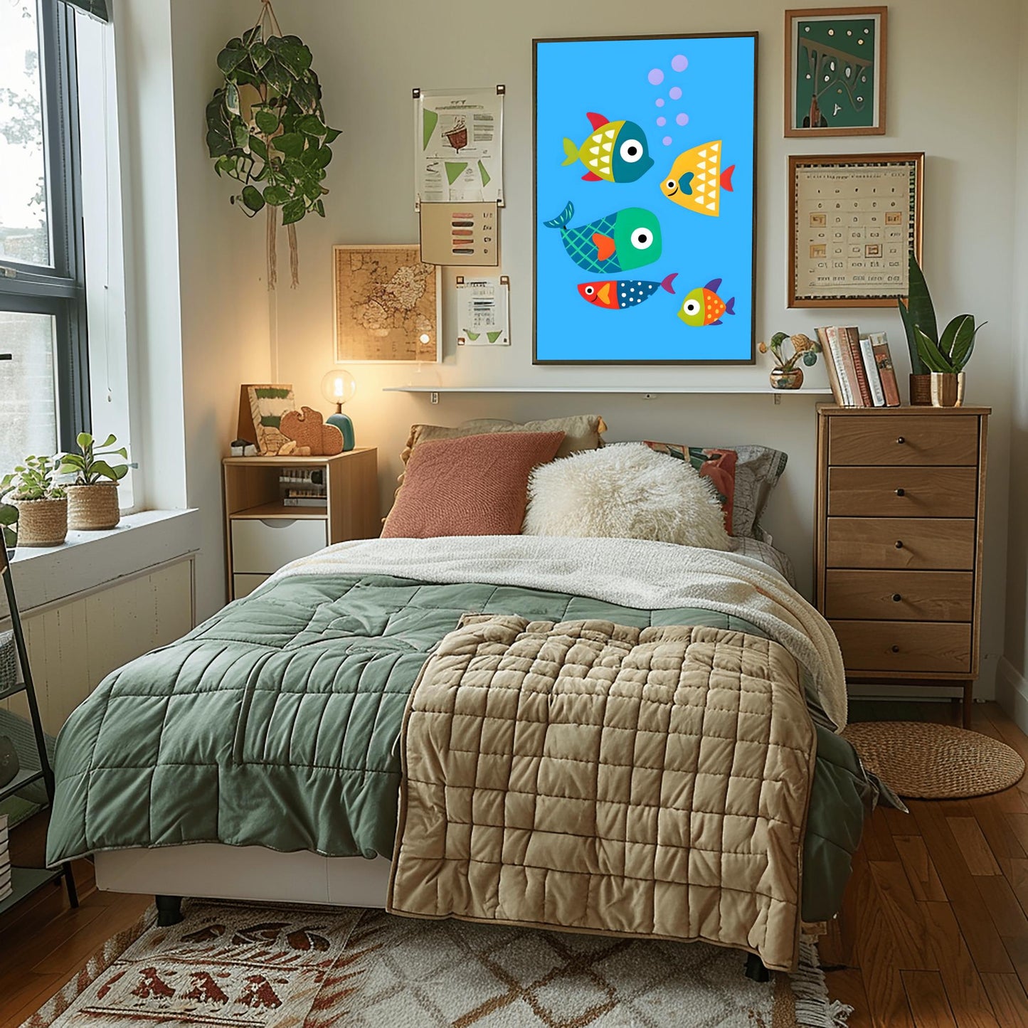 Kids Room Fish Poster, Nursery Wall Art, Playful Cartoon Fish Print, Underwater Theme Decor, Baby Room Art