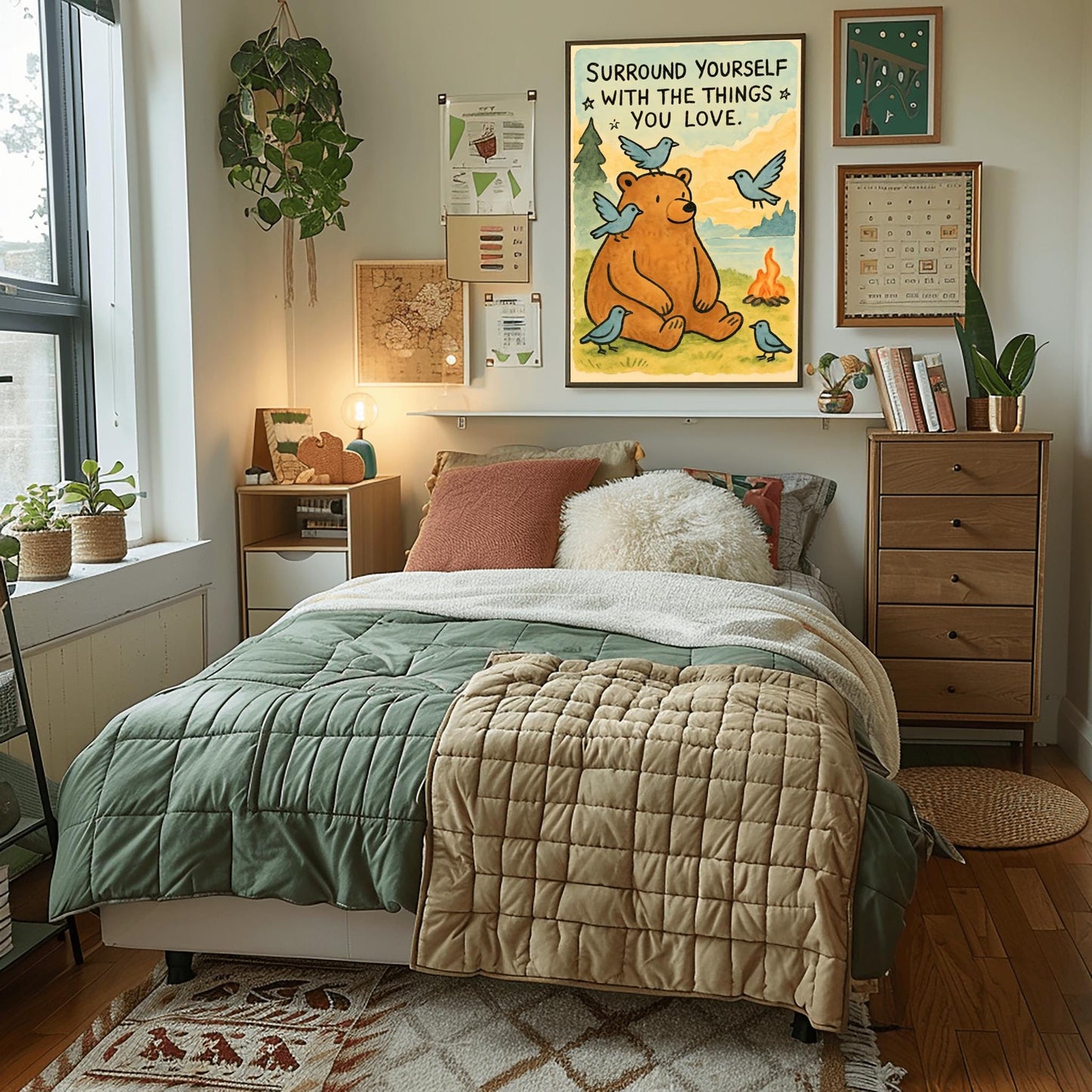Surround Yourself with the Things You Love Poster, Bear Art Print, Whimsical Quote Poster, Nature Lover Gift, Kids Room Decor