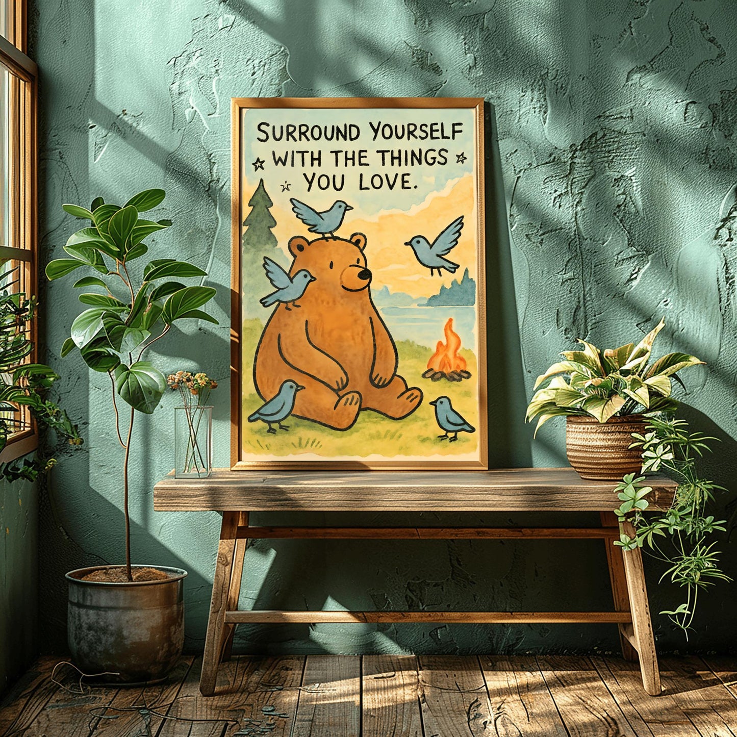 Surround Yourself with the Things You Love Poster, Bear Art Print, Whimsical Quote Poster, Nature Lover Gift, Kids Room Decor