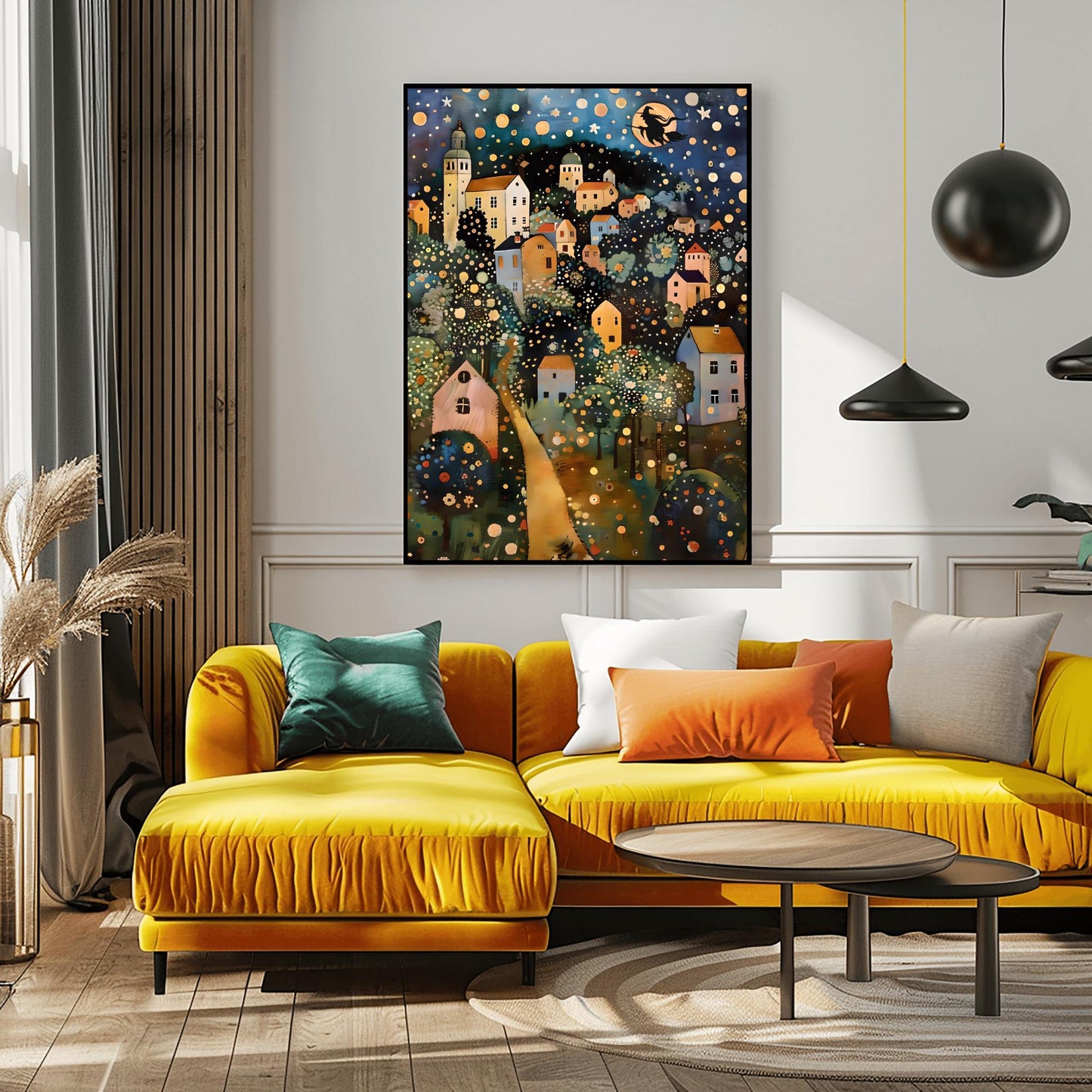 Halloween Witch on Broomstick Poster, Whimsical Night Village Print, Klimt Inspired Art, Fantasy Wall Decor, Physical Print