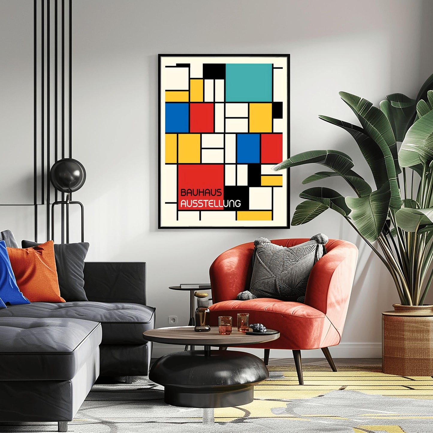 Bauhaus Exhibition Poster, Mondrian Style Geometric Print, Modernist Wall Art, Primary Colors Abstract Decor