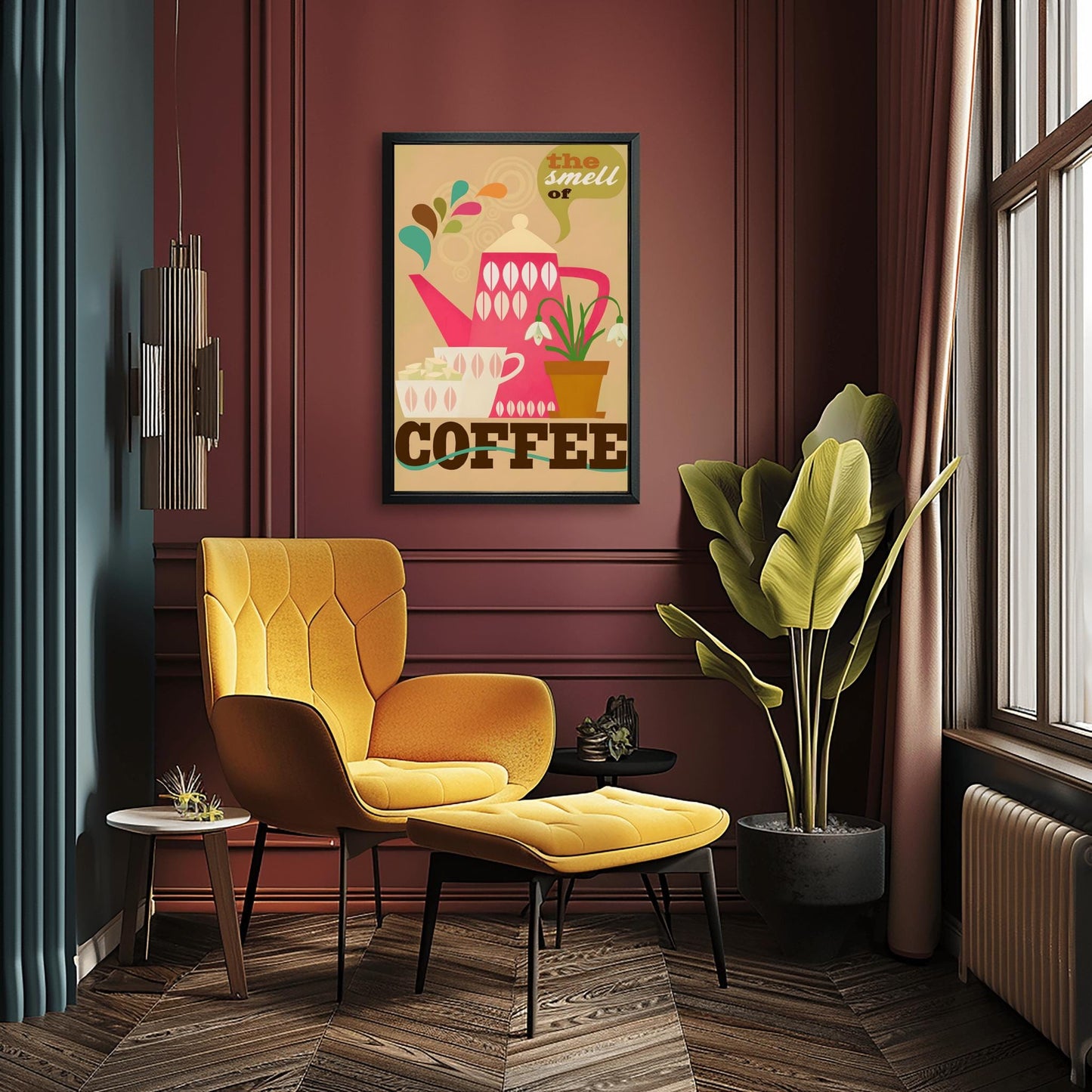 Retro Coffee Poster, Kitchen Wall Art, Mid-Century Modern Teapot Print, Coffee Lover Gift