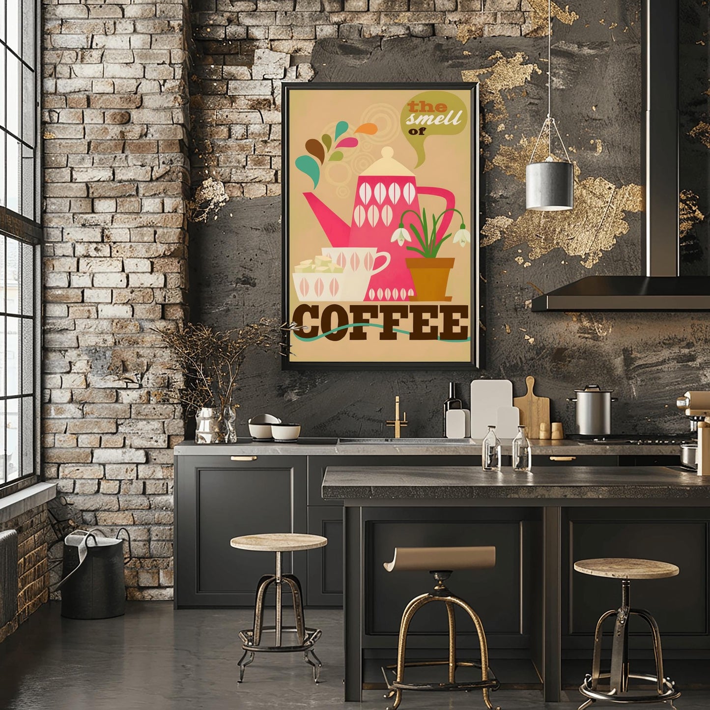 Retro Coffee Poster, Kitchen Wall Art, Mid-Century Modern Teapot Print, Coffee Lover Gift