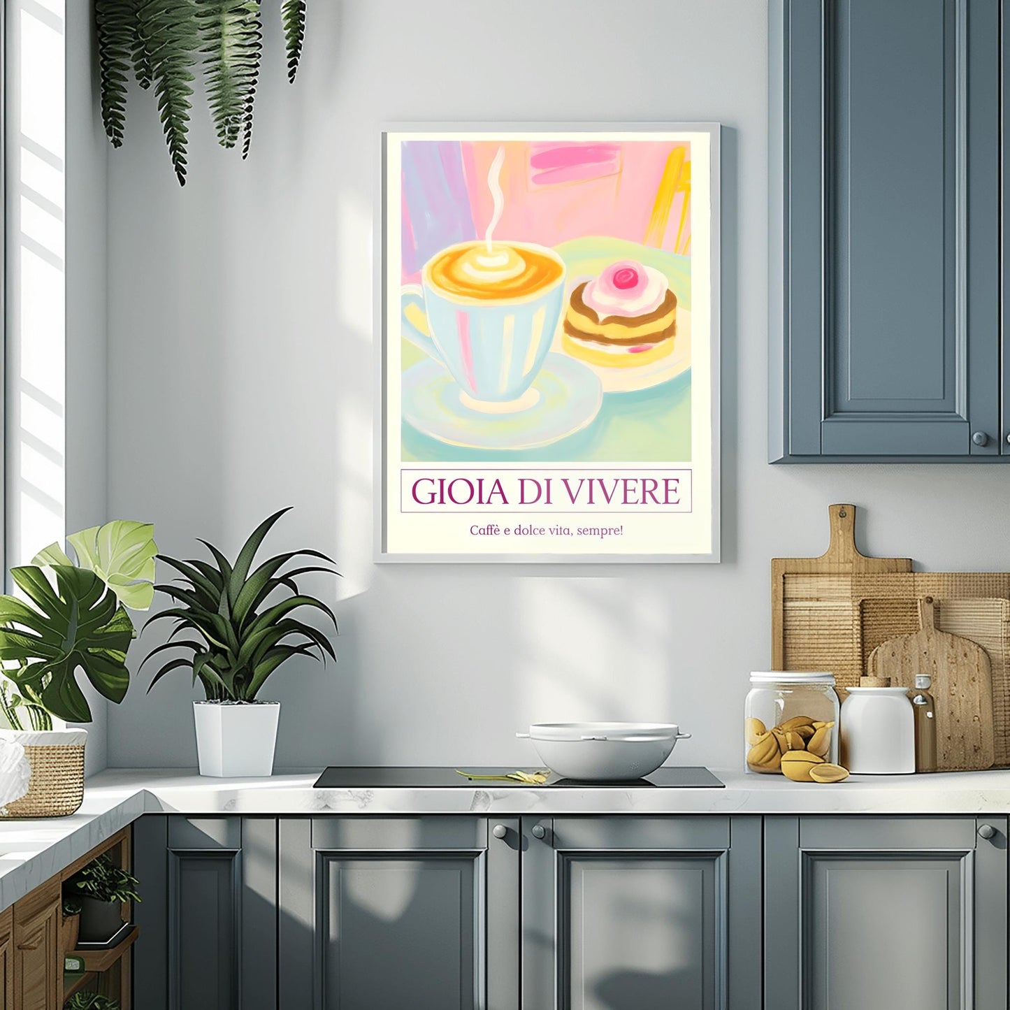 Pastel Cafe Scene Print, 'Gioia di Vivere' Coffee & Cake Poster, Retro Kitchen Wall Art, Cozy Coffee Lover Gift