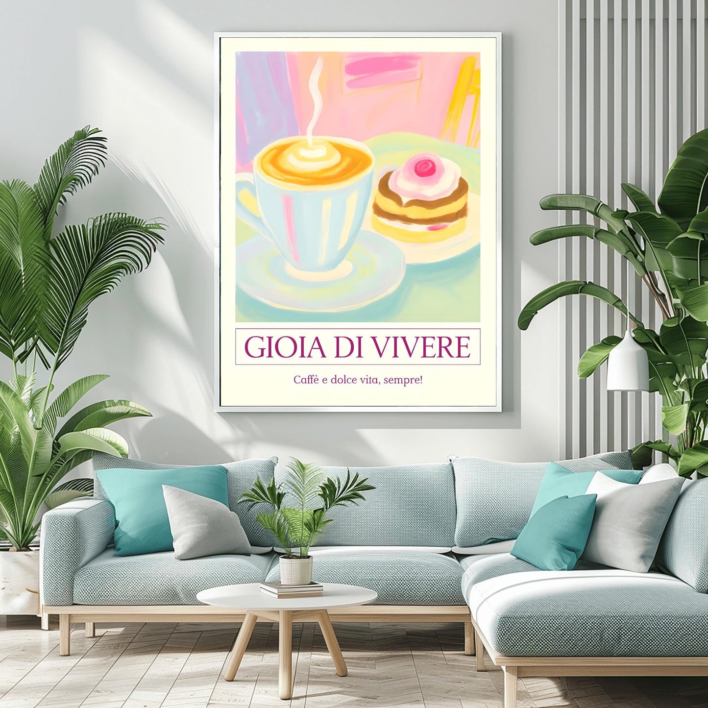 Pastel Cafe Scene Print, 'Gioia di Vivere' Coffee & Cake Poster, Retro Kitchen Wall Art, Cozy Coffee Lover Gift