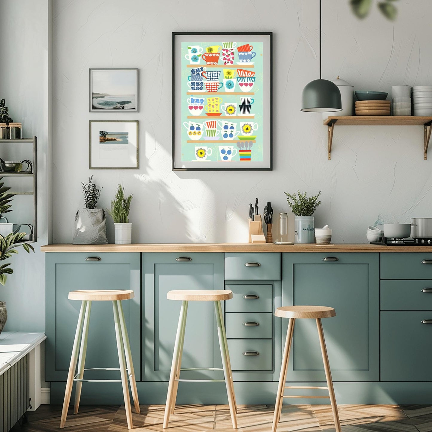 Whimsical Teacup Art Print, Retro Kitchen Wall Decor, Colorful Tea Lover Gift, Mid-Century Modern Mug Poster