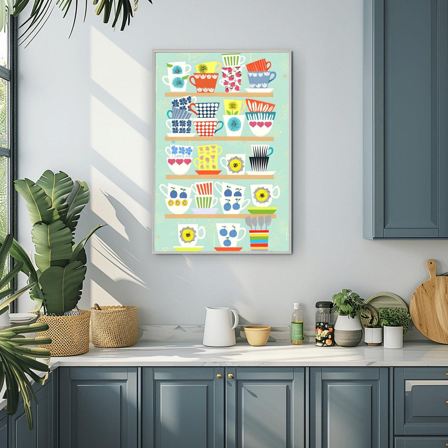 Whimsical Teacup Art Print, Retro Kitchen Wall Decor, Colorful Tea Lover Gift, Mid-Century Modern Mug Poster