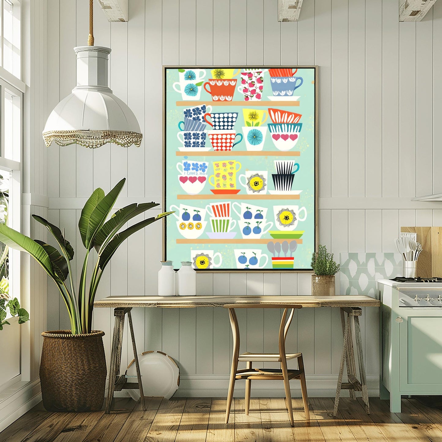 Whimsical Teacup Art Print, Retro Kitchen Wall Decor, Colorful Tea Lover Gift, Mid-Century Modern Mug Poster