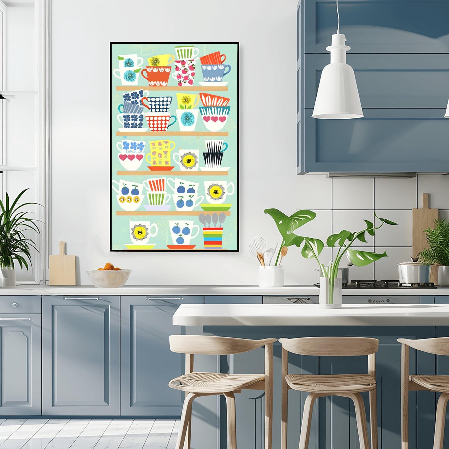 Whimsical Teacup Art Print, Retro Kitchen Wall Decor, Colorful Tea Lover Gift, Mid-Century Modern Mug Poster