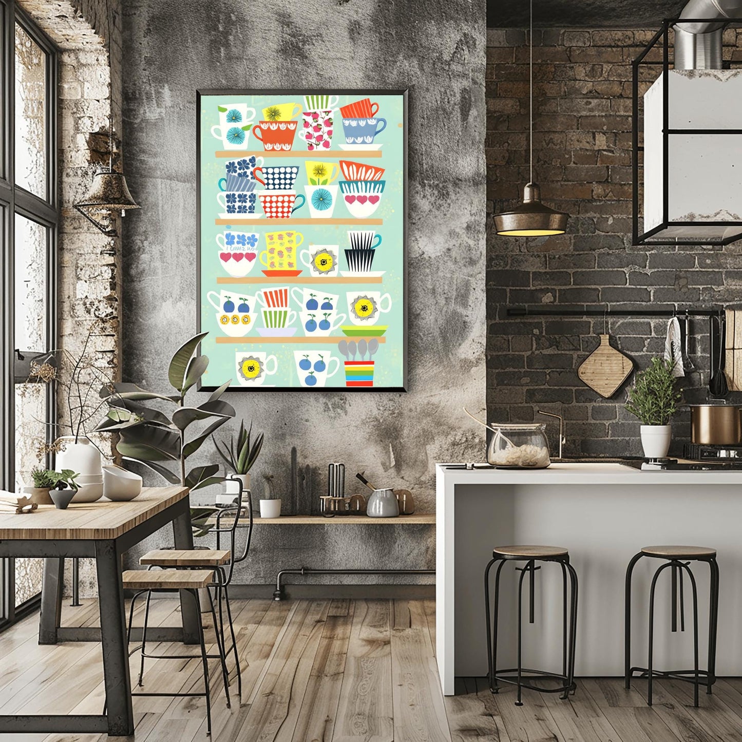 Whimsical Teacup Art Print, Retro Kitchen Wall Decor, Colorful Tea Lover Gift, Mid-Century Modern Mug Poster