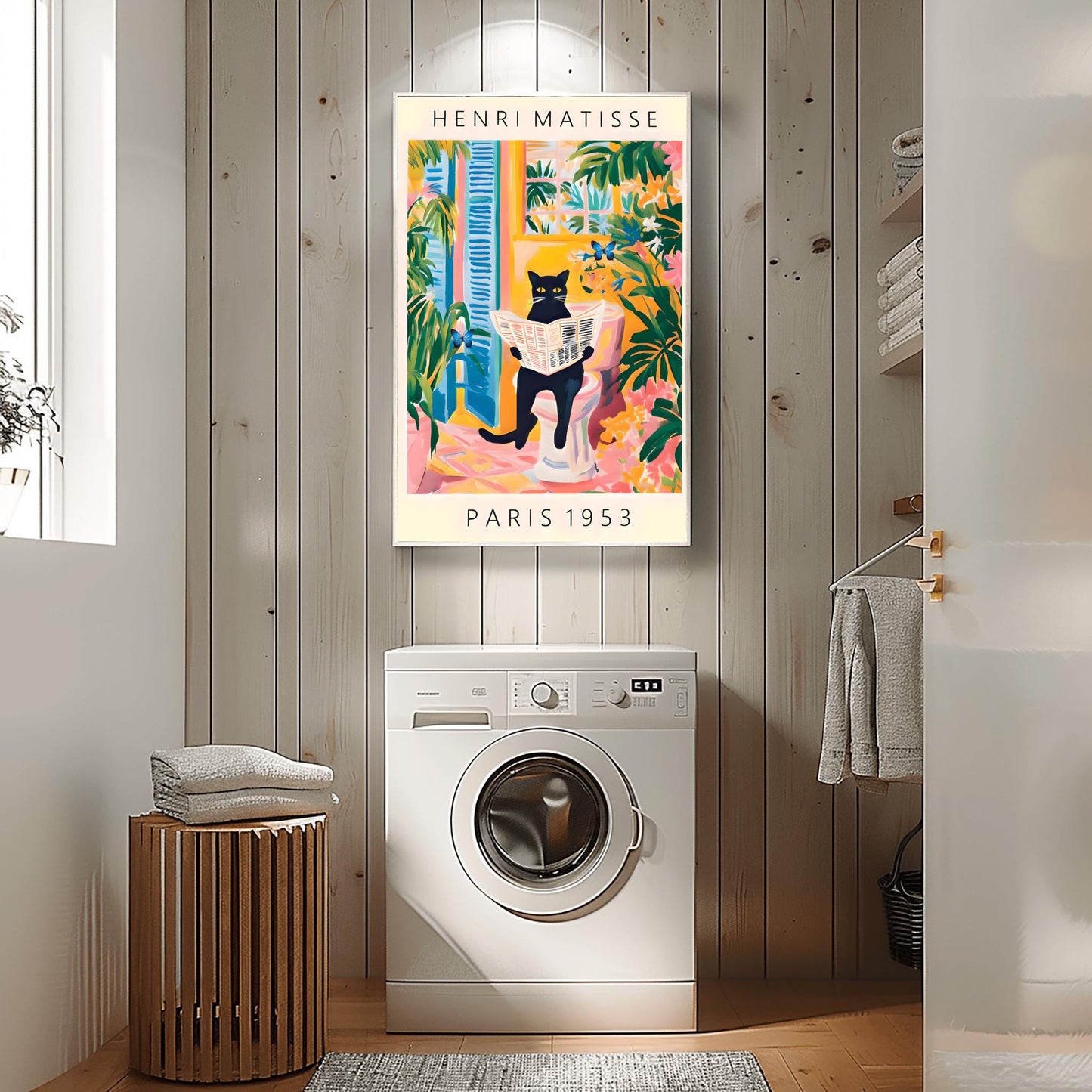 Black Cat on Toilet Poster, Matisse Inspired Bathroom Art, Funny Pet Print, Butterfly Quirky Wall Decor, Pink Tropical Decor, Humorous Gift