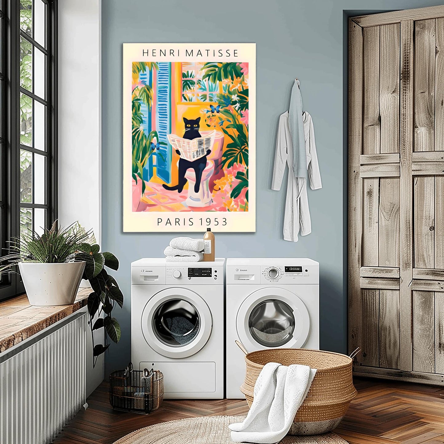 Black Cat on Toilet Poster, Matisse Inspired Bathroom Art, Funny Pet Print, Butterfly Quirky Wall Decor, Pink Tropical Decor, Humorous Gift