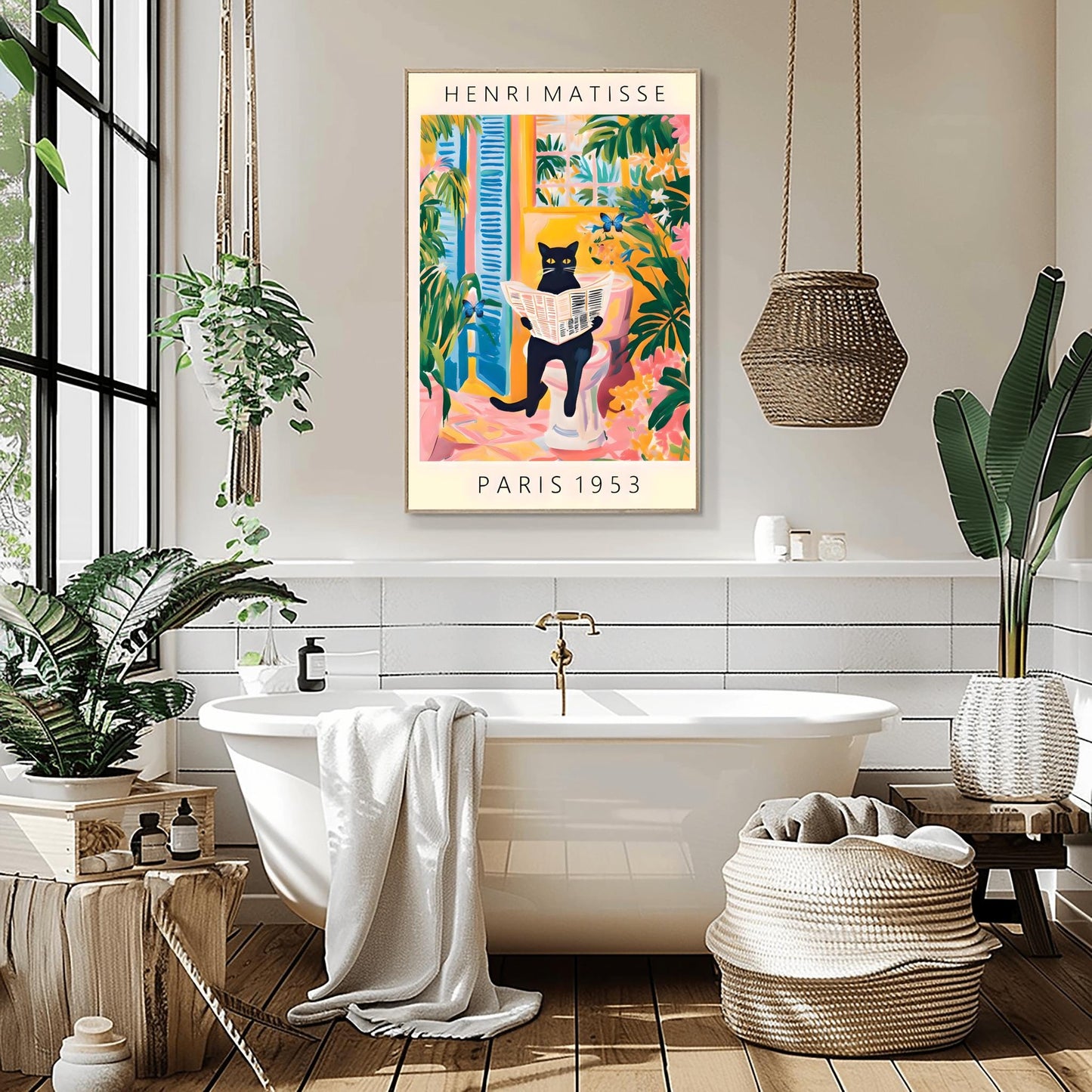 Black Cat on Toilet Poster, Matisse Inspired Bathroom Art, Funny Pet Print, Butterfly Quirky Wall Decor, Pink Tropical Decor, Humorous Gift
