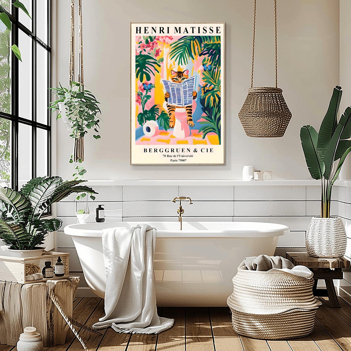 Funny Tabby Cat Toilet Art Print, Matisse Style Bathroom Wall Decor, Butterfly Love, Pink Dopamine Mid Century Modern Illustration
