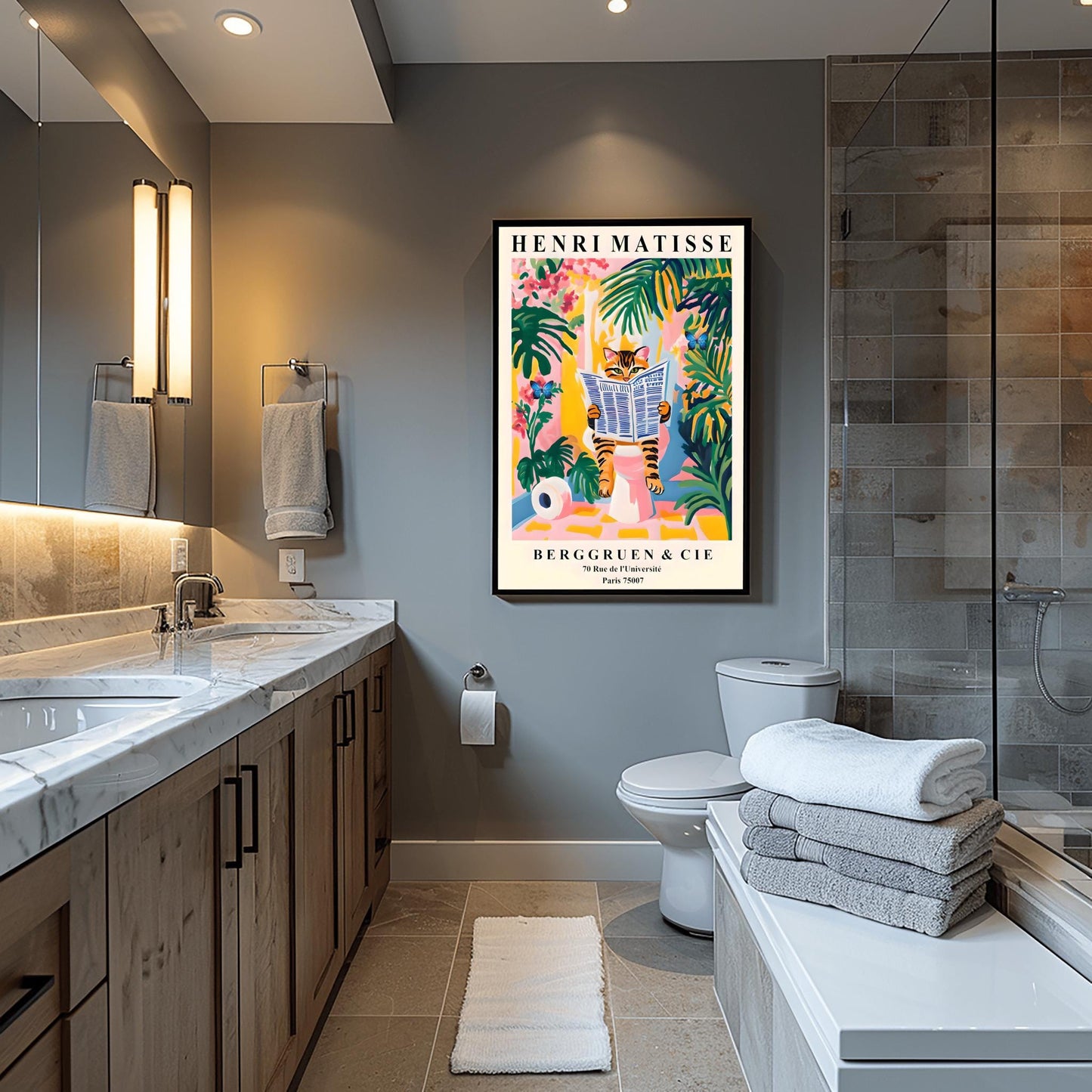 Funny Tabby Cat Toilet Art Print, Matisse Style Bathroom Wall Decor, Butterfly Love, Pink Dopamine Mid Century Modern Illustration