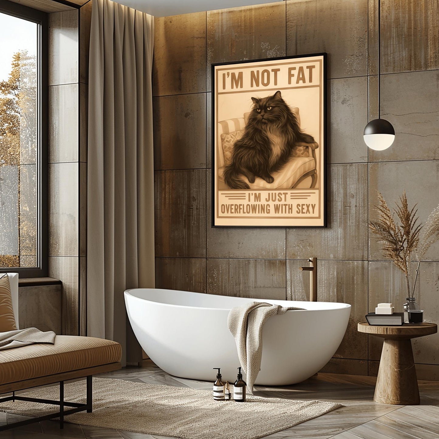 Funny Cat Poster, I'm Not Fat I'm Just Overflowing with Sexy, Cat Lover Gift, Vintage Cat Art, Humorous Black Cat Print