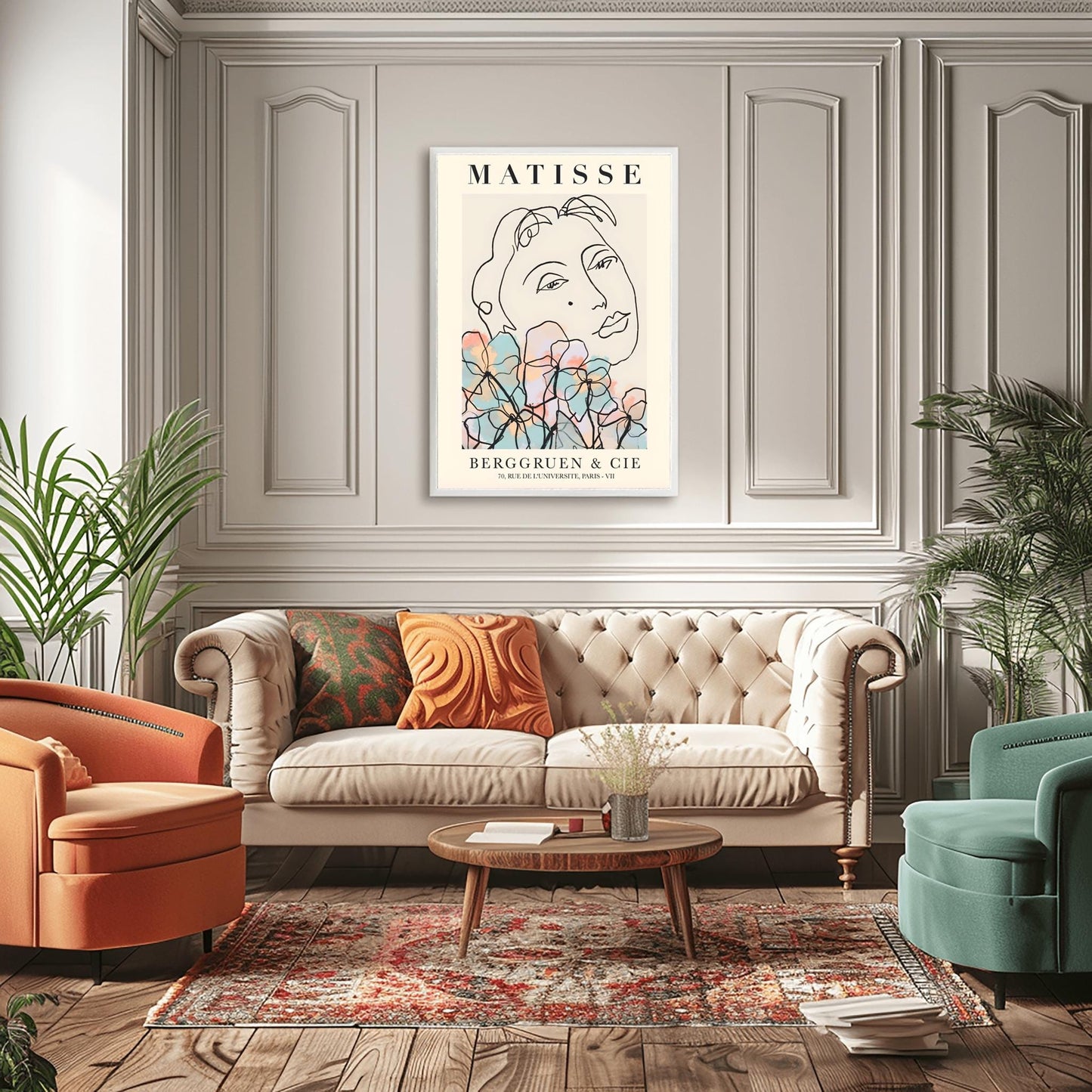 Matisse Line Art Print, Modernist Face with Flowers, Henri Matisse Poster, Minimalist Wall Art, Elegant Fine Art Print