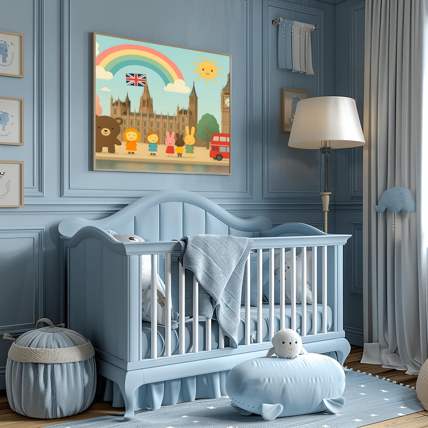 London Kids Art Poster, Big Ben Nursery Wall Decor, Cute Travel Print, British Flag Art, Playroom Decor, Double Decker Bus