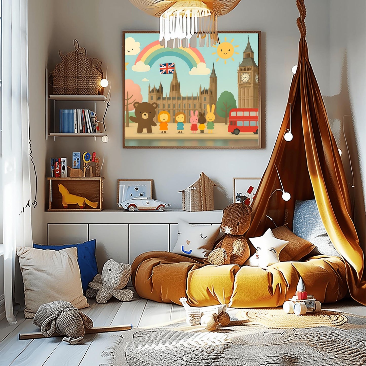 London Kids Art Poster, Big Ben Nursery Wall Decor, Cute Travel Print, British Flag Art, Playroom Decor, Double Decker Bus