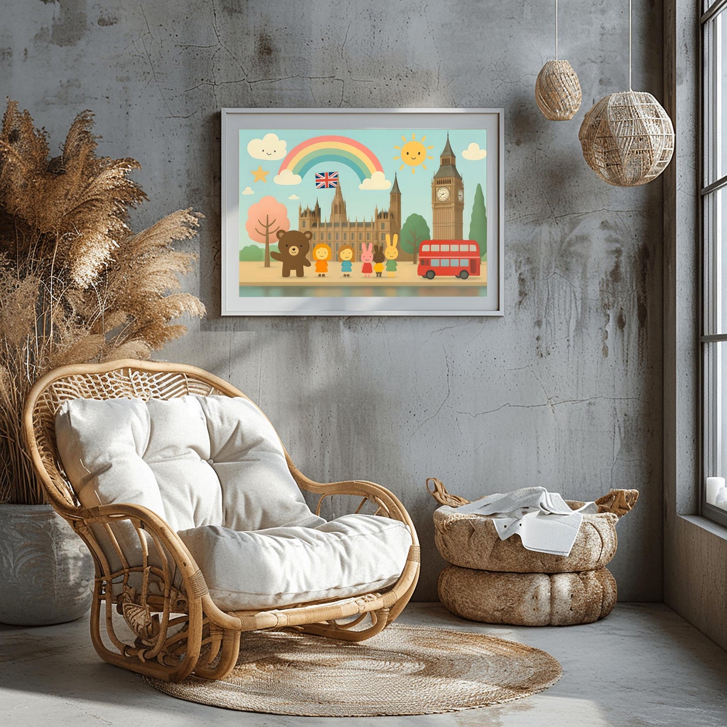 London Kids Art Poster, Big Ben Nursery Wall Decor, Cute Travel Print, British Flag Art, Playroom Decor, Double Decker Bus