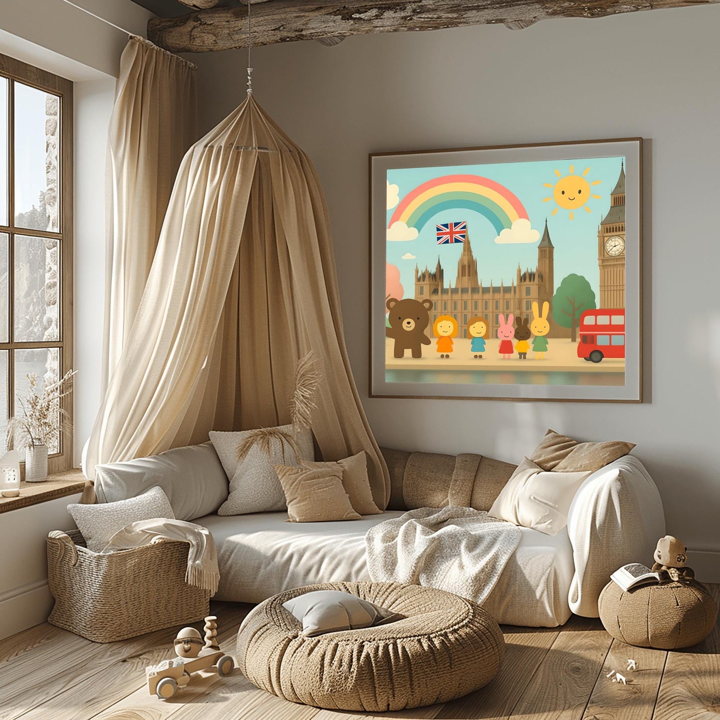 London Kids Art Poster, Big Ben Nursery Wall Decor, Cute Travel Print, British Flag Art, Playroom Decor, Double Decker Bus