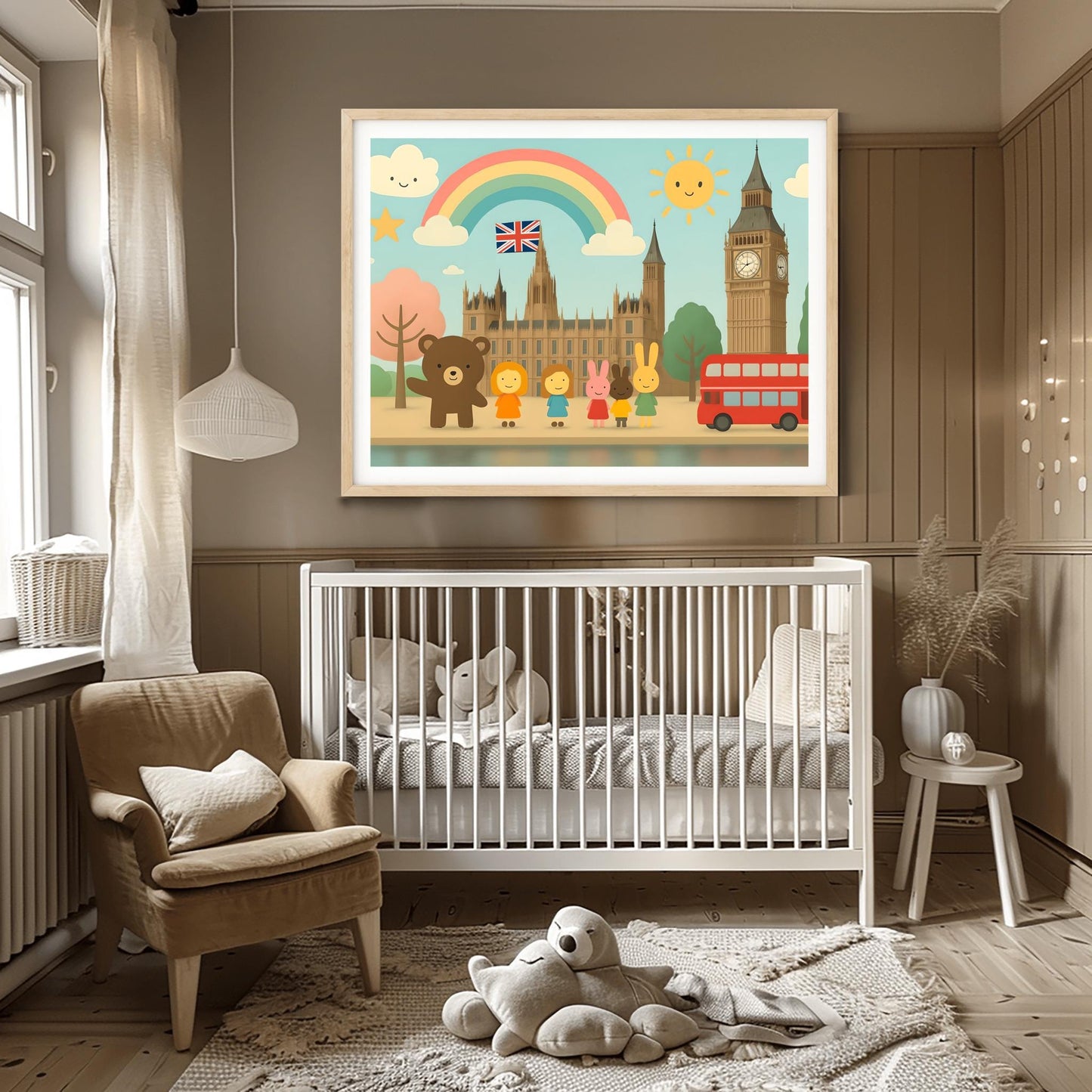 London Kids Art Poster, Big Ben Nursery Wall Decor, Cute Travel Print, British Flag Art, Playroom Decor, Double Decker Bus