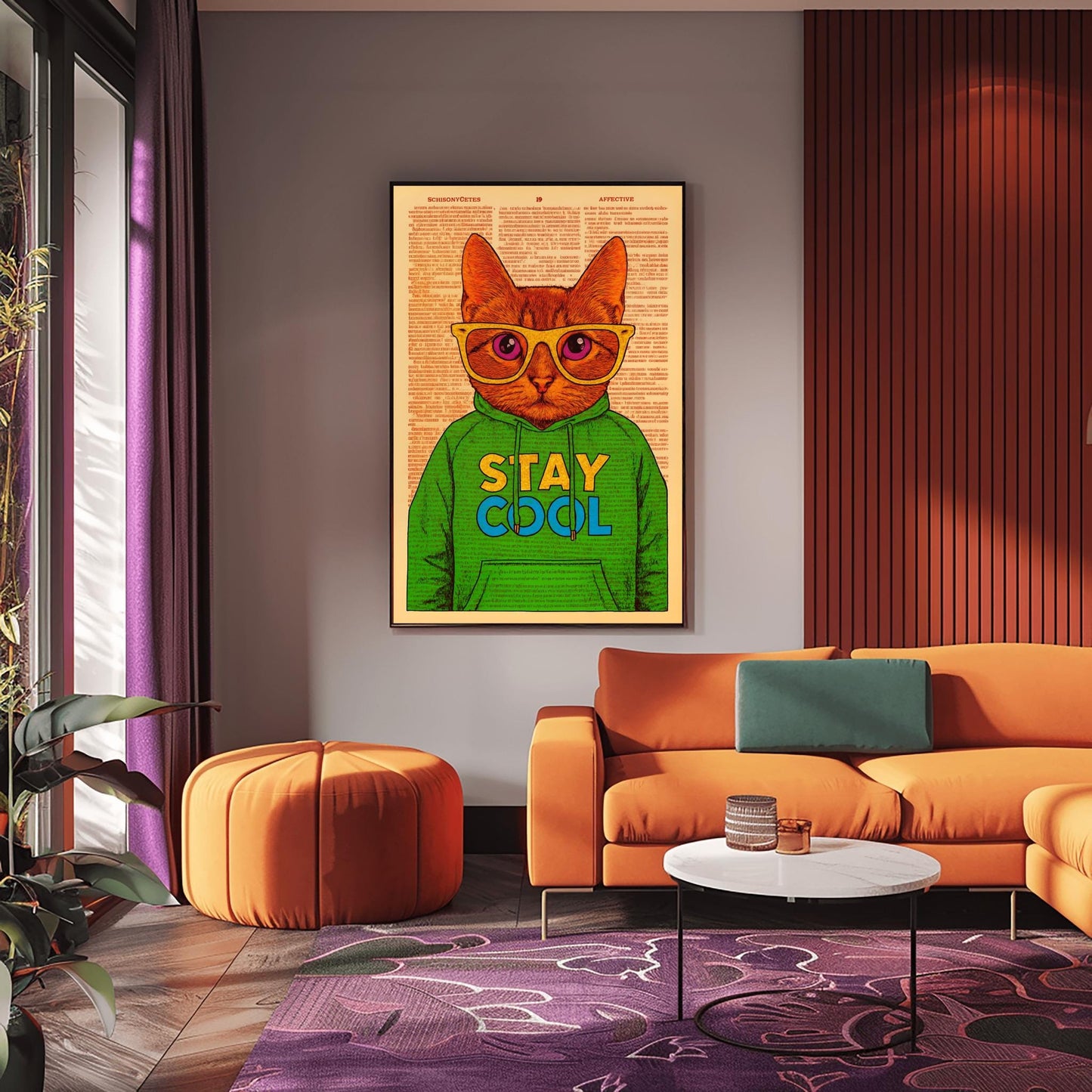Dorm Room Cool Cat Poster, Funny 'Stay Cool' Print, Whimsical Cat in Hoodie, Retro College Student Decor, Trendy Wall Art for Teens