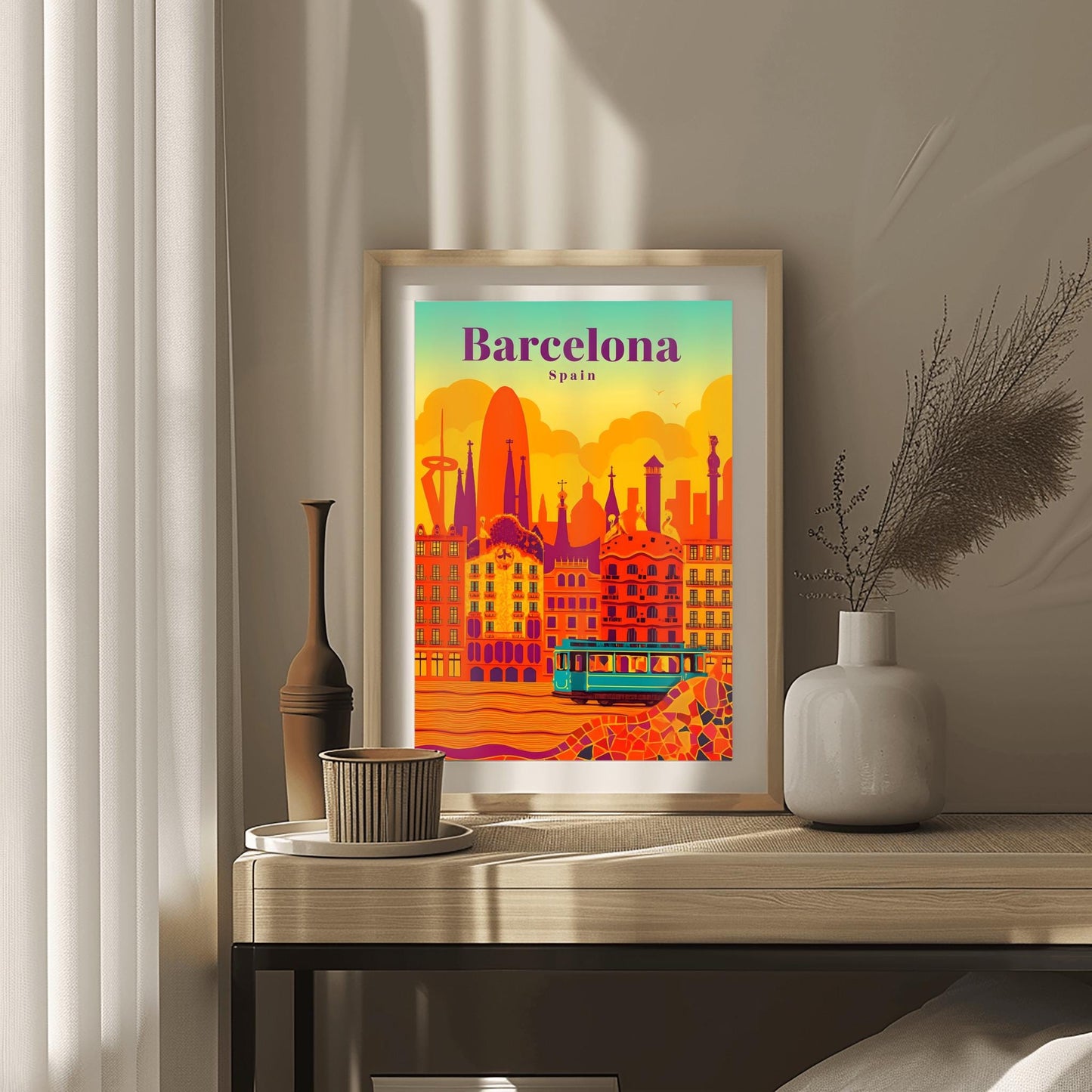 Barcelona Poster Gaudi Art Print, Retro Spain Cityscape Decor, Vibrant Travel Wall Art, Barcelona Souvenir Gift