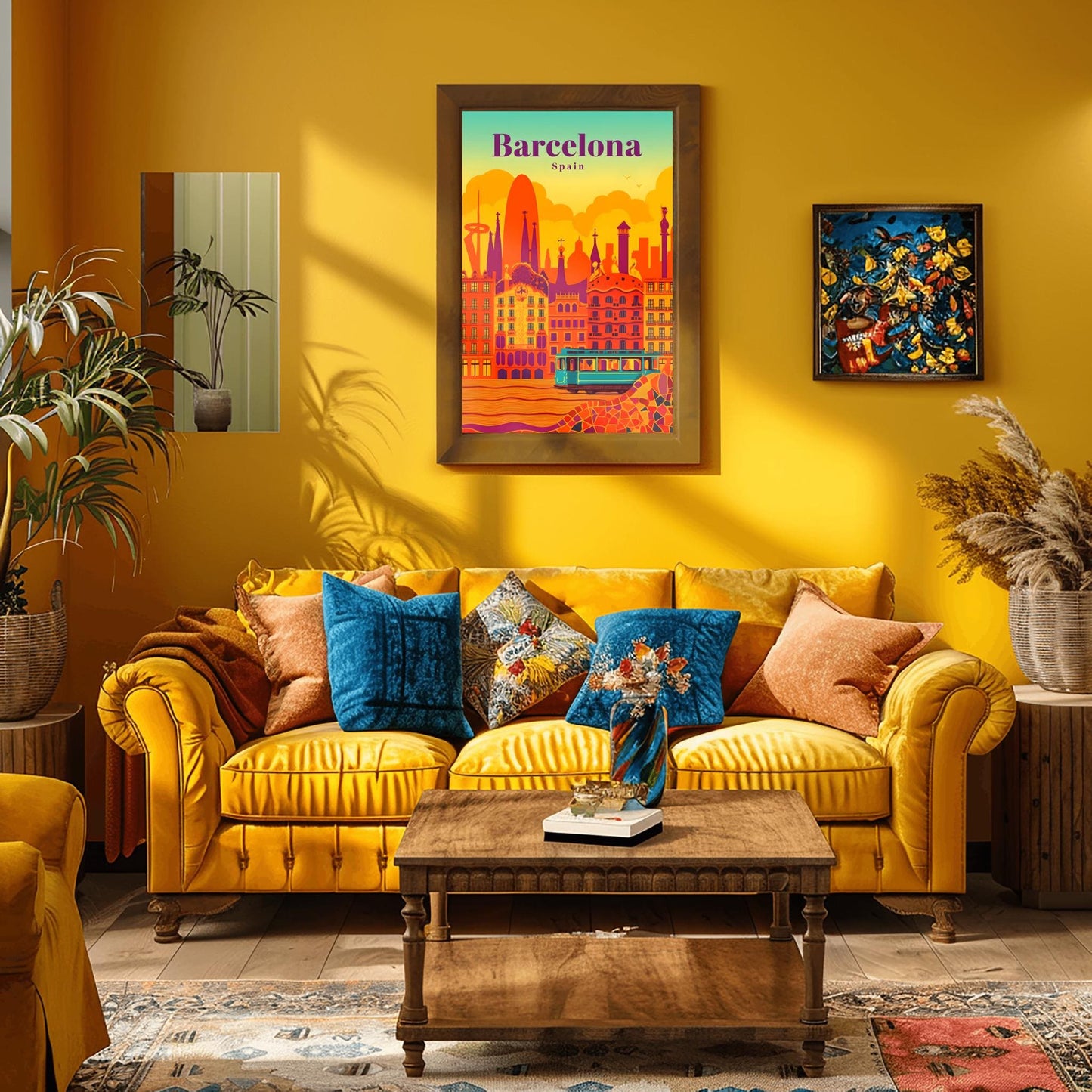 Barcelona Poster Gaudi Art Print, Retro Spain Cityscape Decor, Vibrant Travel Wall Art, Barcelona Souvenir Gift