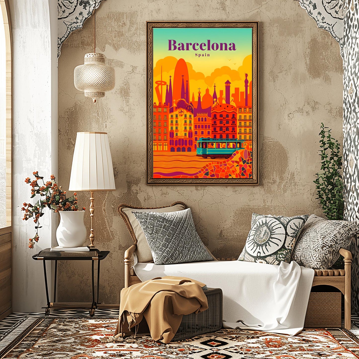 Barcelona Poster Gaudi Art Print, Retro Spain Cityscape Decor, Vibrant Travel Wall Art, Barcelona Souvenir Gift