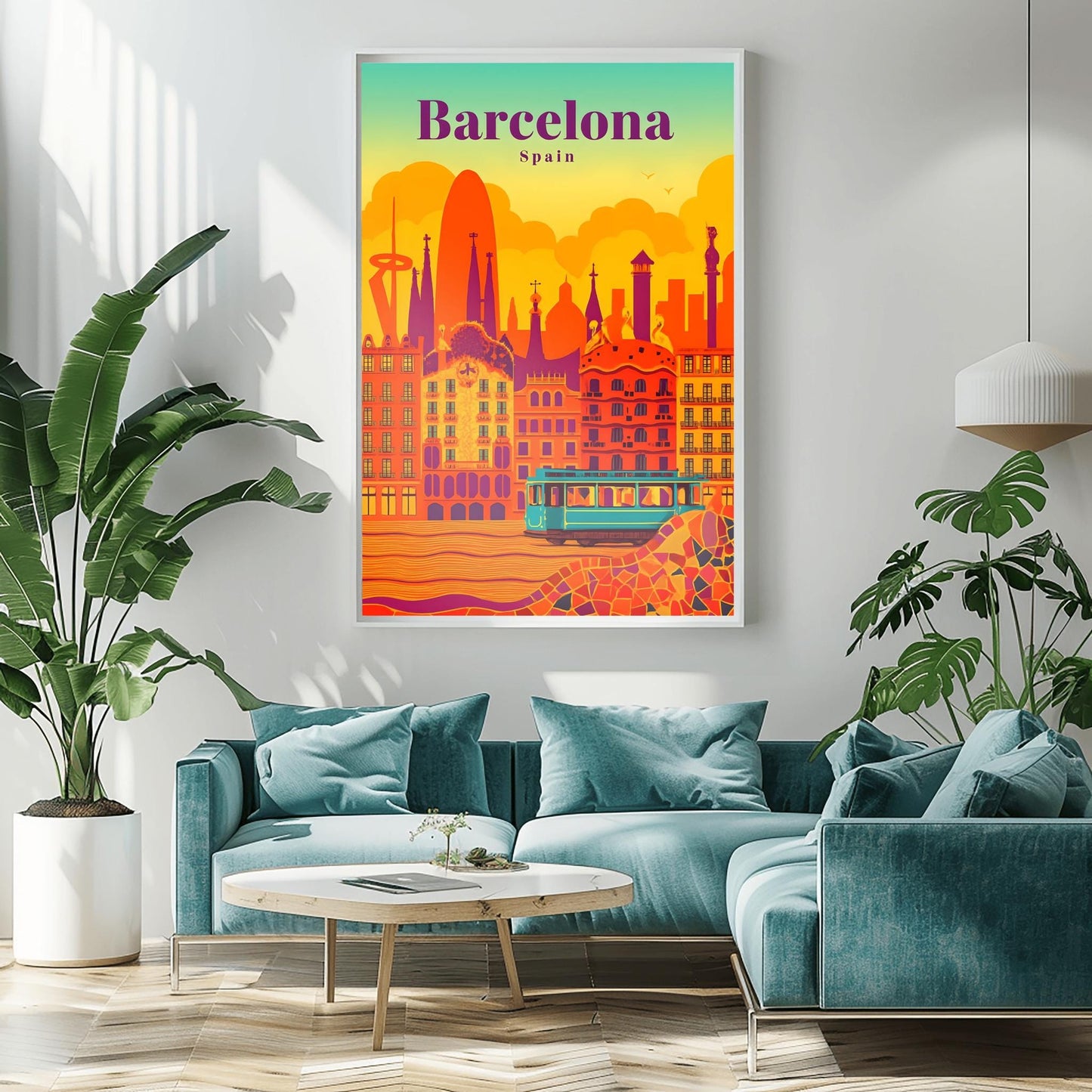 Barcelona Poster Gaudi Art Print, Retro Spain Cityscape Decor, Vibrant Travel Wall Art, Barcelona Souvenir Gift