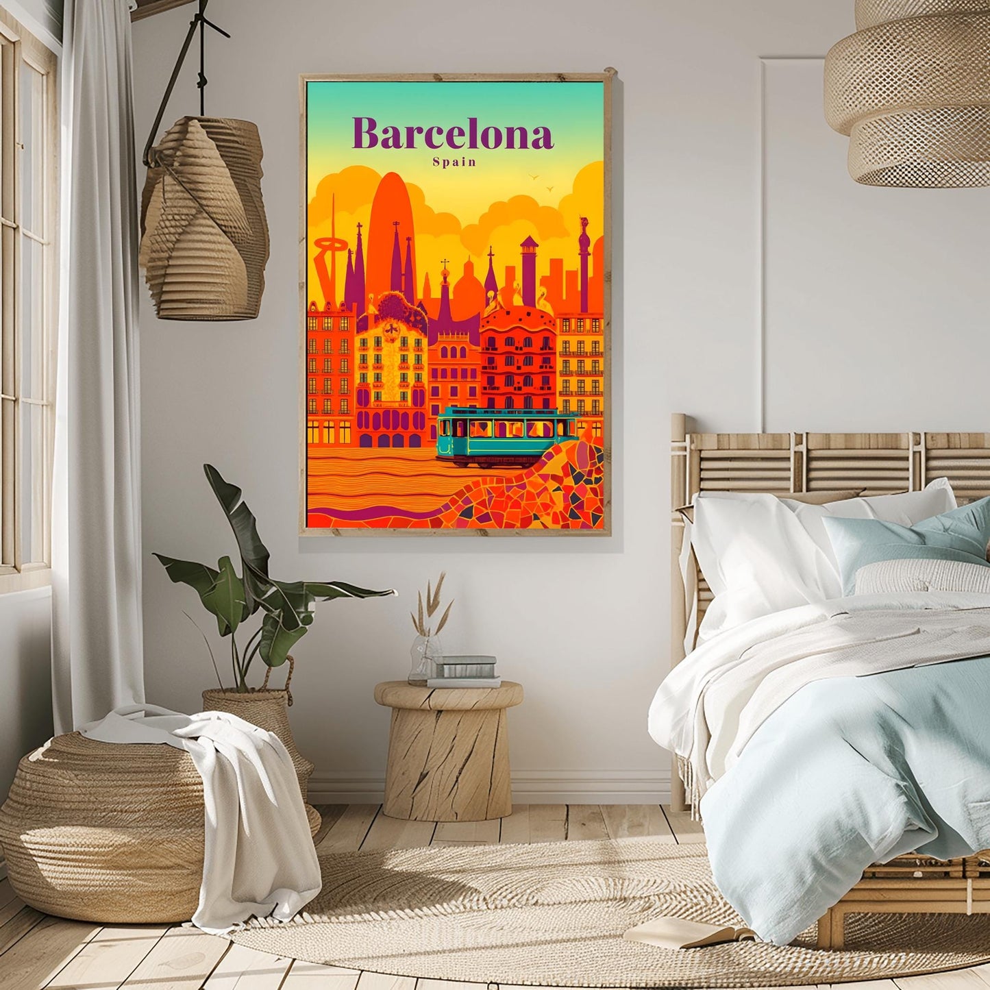 Barcelona Poster Gaudi Art Print, Retro Spain Cityscape Decor, Vibrant Travel Wall Art, Barcelona Souvenir Gift