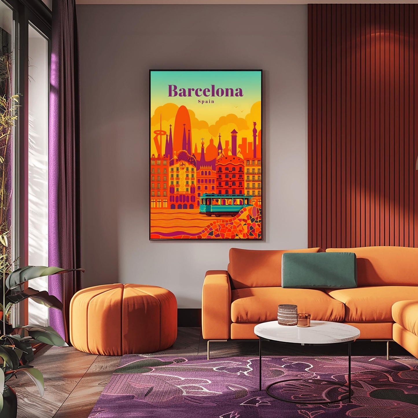 Barcelona Poster Gaudi Art Print, Retro Spain Cityscape Decor, Vibrant Travel Wall Art, Barcelona Souvenir Gift