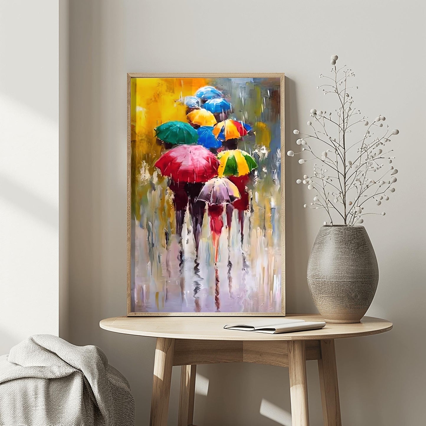 Umbrella Art Print, Colorful Rainy Day Wall Art, Vibrant Urban Scene, Modern Home Decor Gift