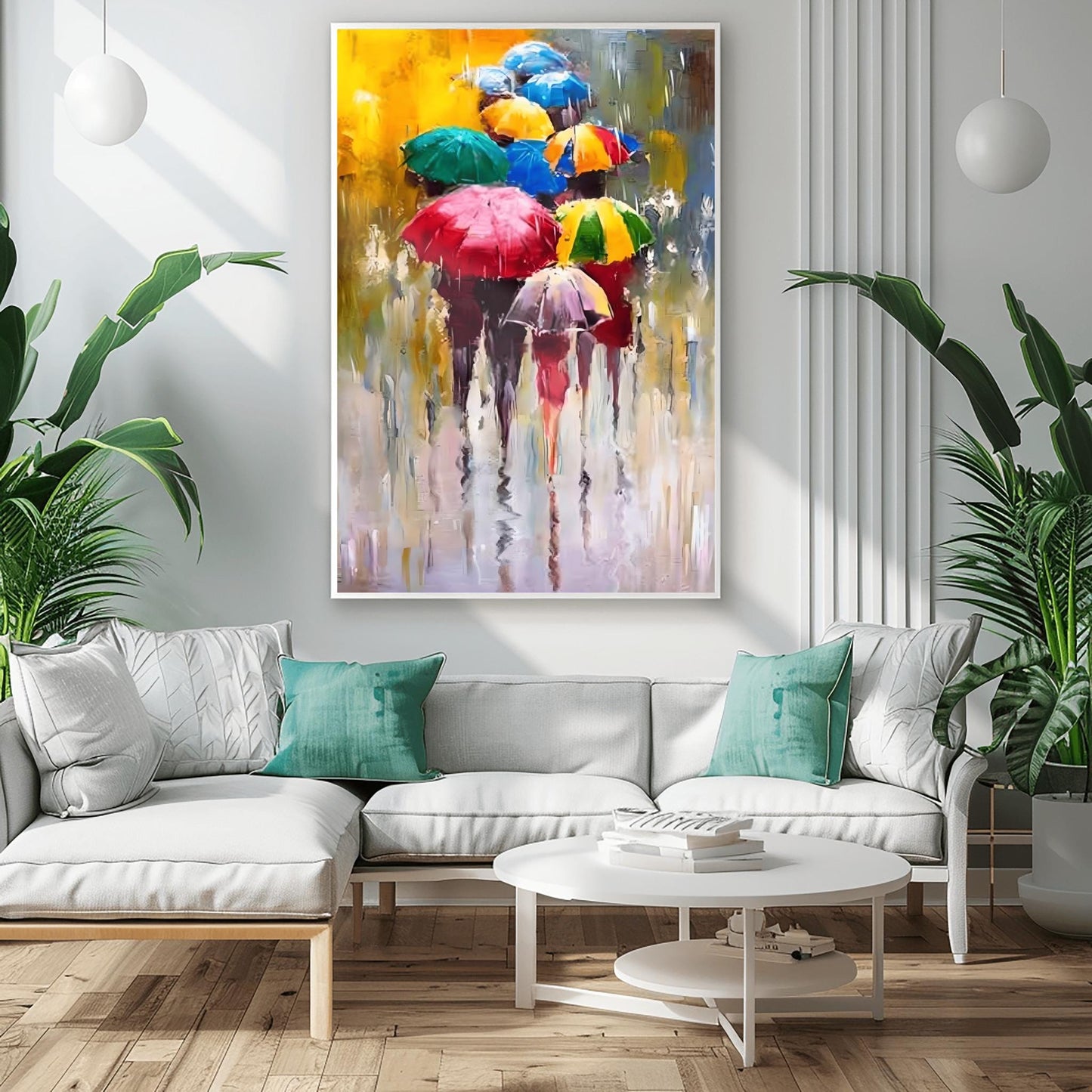 Umbrella Art Print, Colorful Rainy Day Wall Art, Vibrant Urban Scene, Modern Home Decor Gift