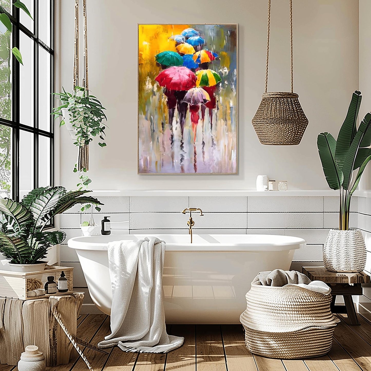 Umbrella Art Print, Colorful Rainy Day Wall Art, Vibrant Urban Scene, Modern Home Decor Gift