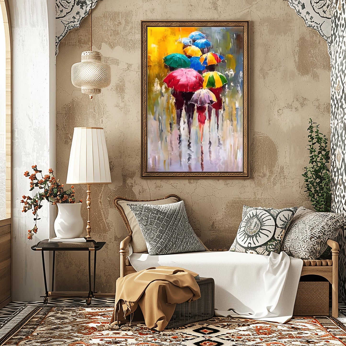 Umbrella Art Print, Colorful Rainy Day Wall Art, Vibrant Urban Scene, Modern Home Decor Gift