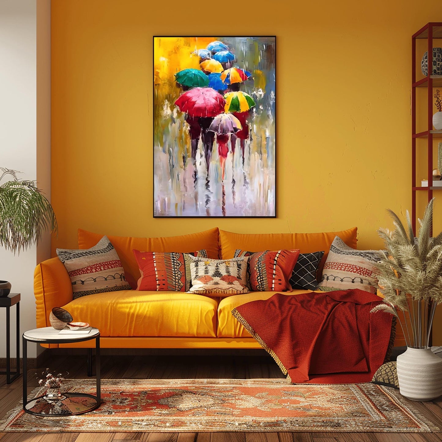 Umbrella Art Print, Colorful Rainy Day Wall Art, Vibrant Urban Scene, Modern Home Decor Gift