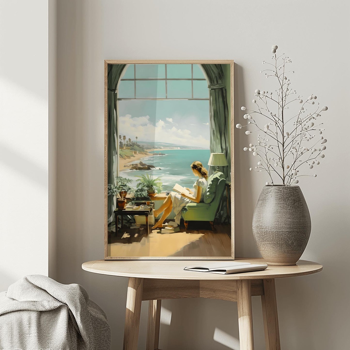 Edward Hopper Style Art Print, Woman Reading Poster, Cozy Coastal Retreat, Serene Contemplation Art, Reading Nook Wall Decor, Beach House