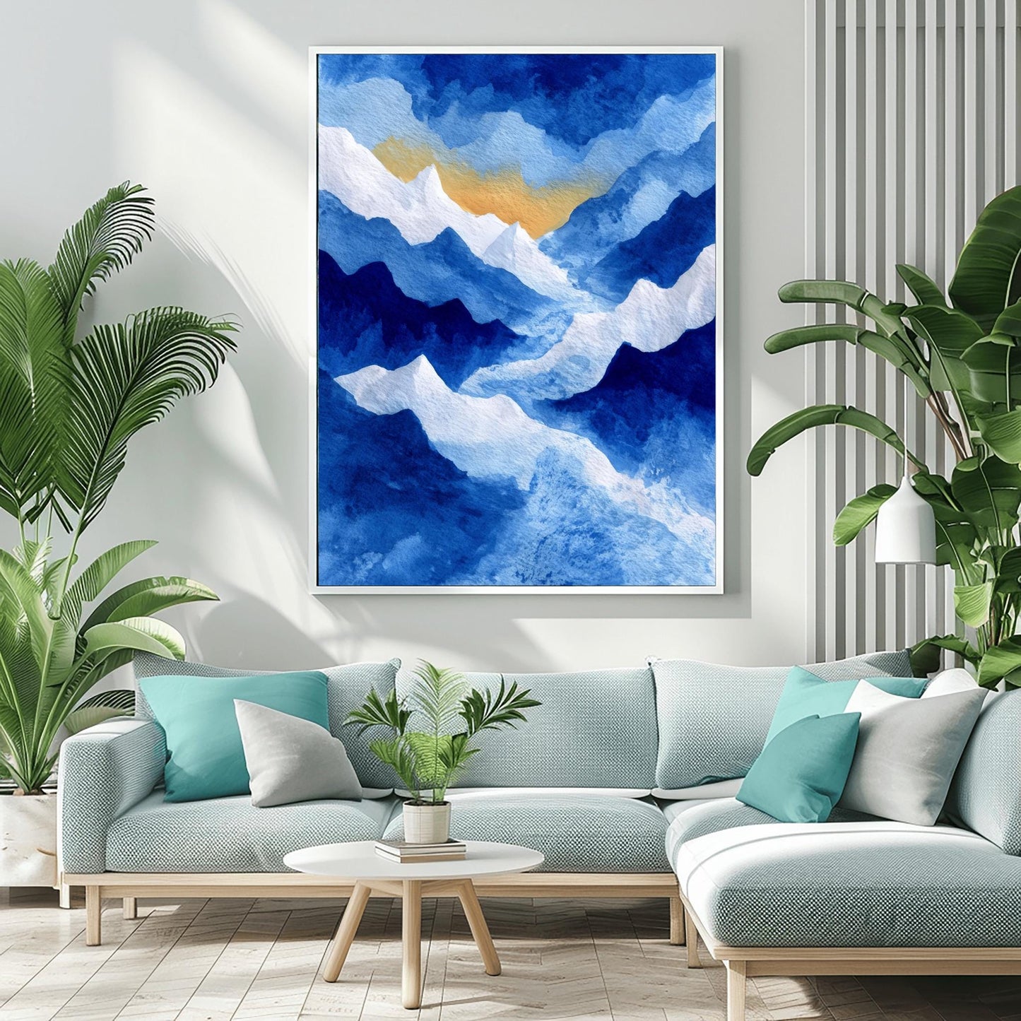 Watercolor Mountain Print, Snowy Landscape Poster, Serene Blue Mountain Art, Nature Wall Decor, Abstract Winter Landscape Rustic Cabin Print