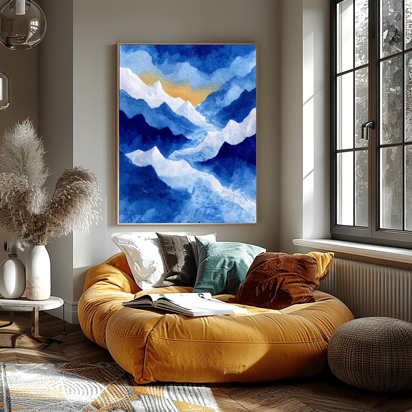 Watercolor Mountain Print, Snowy Landscape Poster, Serene Blue Mountain Art, Nature Wall Decor, Abstract Winter Landscape Rustic Cabin Print
