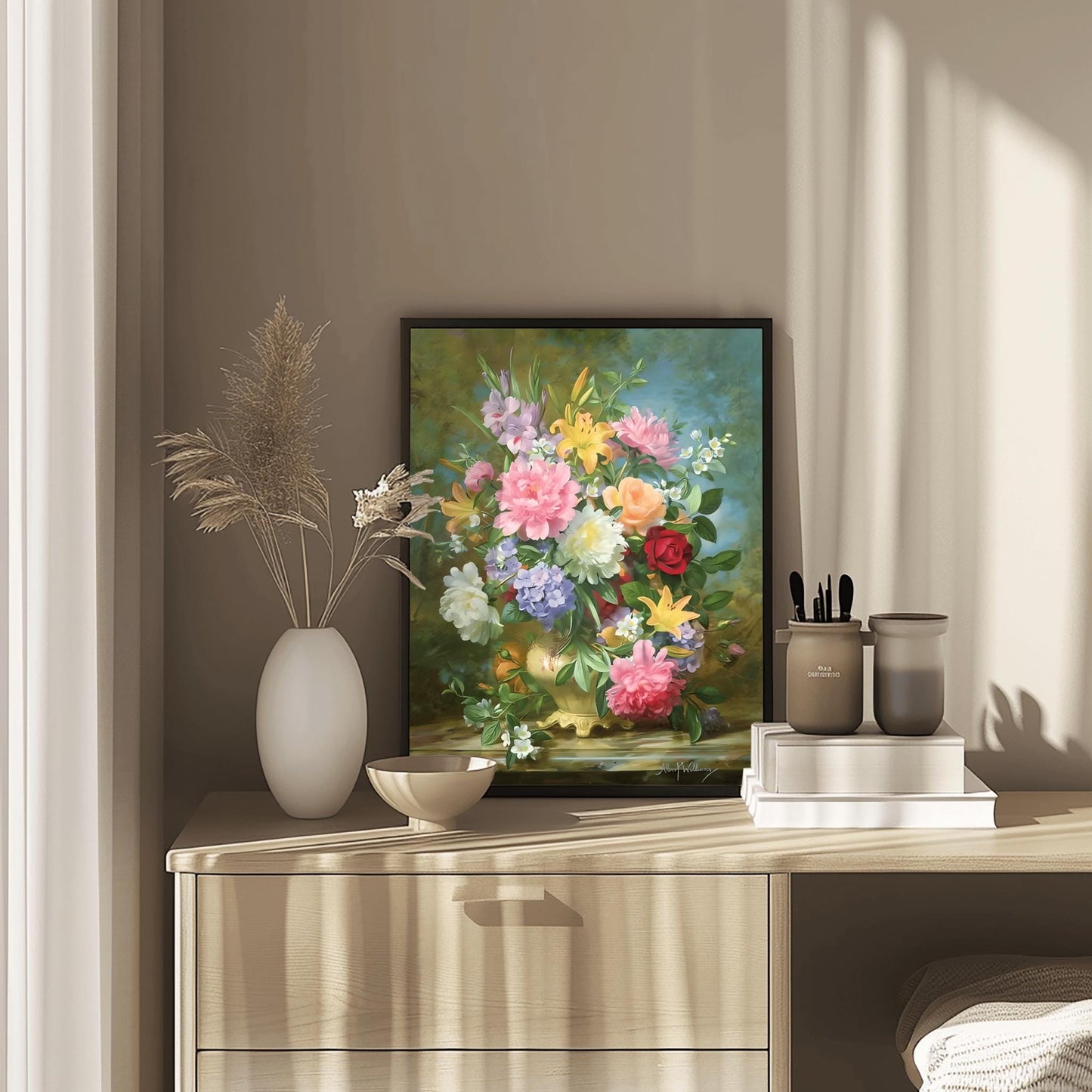 Fine Art Print, Peonies and Mixed Flowers by Albert Williams, Classical Floral Still Life, Vibrant Botanical Poster, Romantic Wall Decor